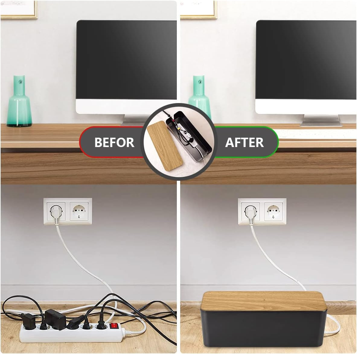 Cable Management Box Large - Wooden Grain Cable Organizer Box to Hide Wires&Power Strips,Tv&Desk Computer Wires,With Cable Clips&Reusable Cable Ties for Home&Office(Black)