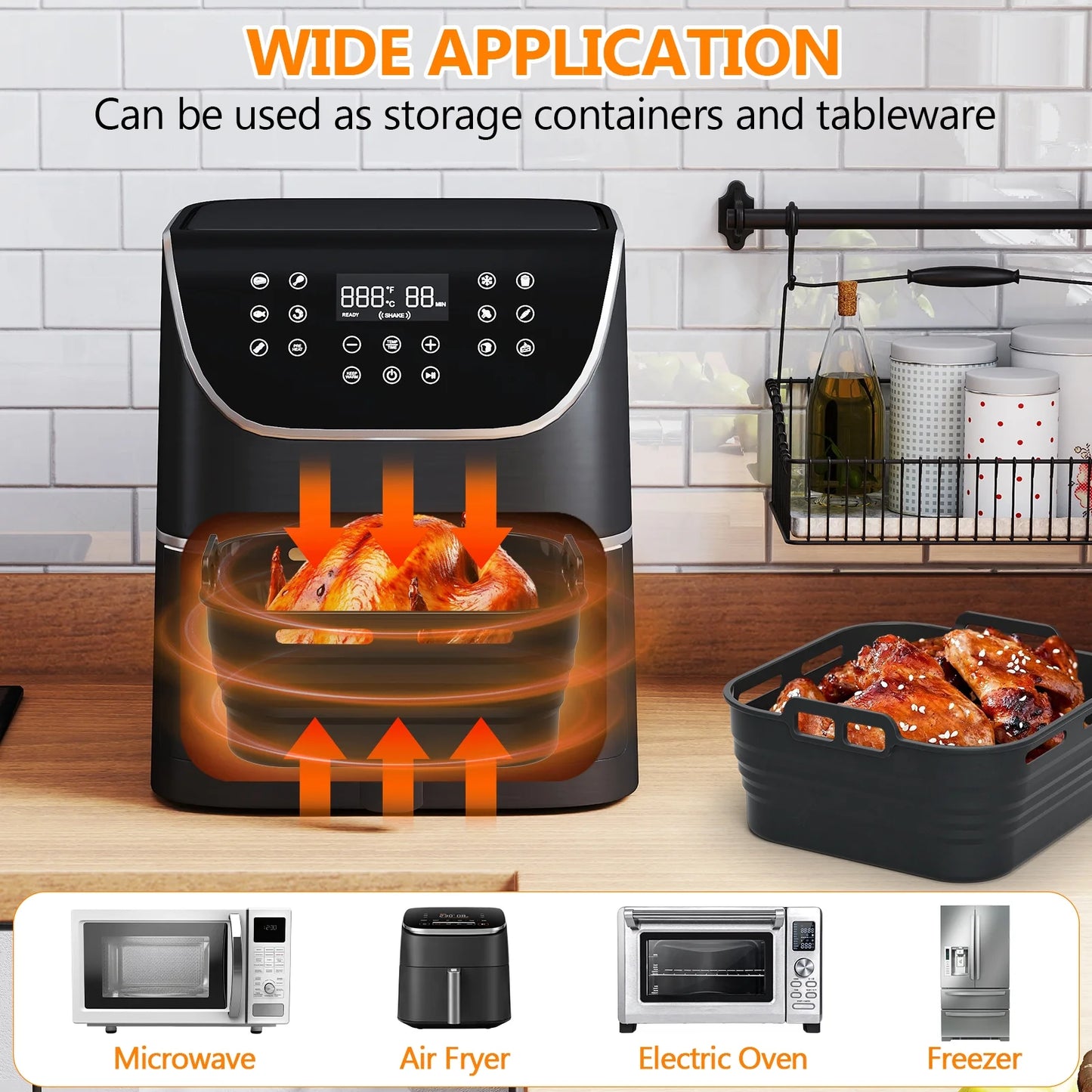 Silicone Air Fryer Liners, Foldable & Thickened with Handles, 2-Pack 8.2"X3.5" Extra Deep Reusable Baskets with Oil Brush, Non-Stick 8Inch Air Fryer Accessories, Black