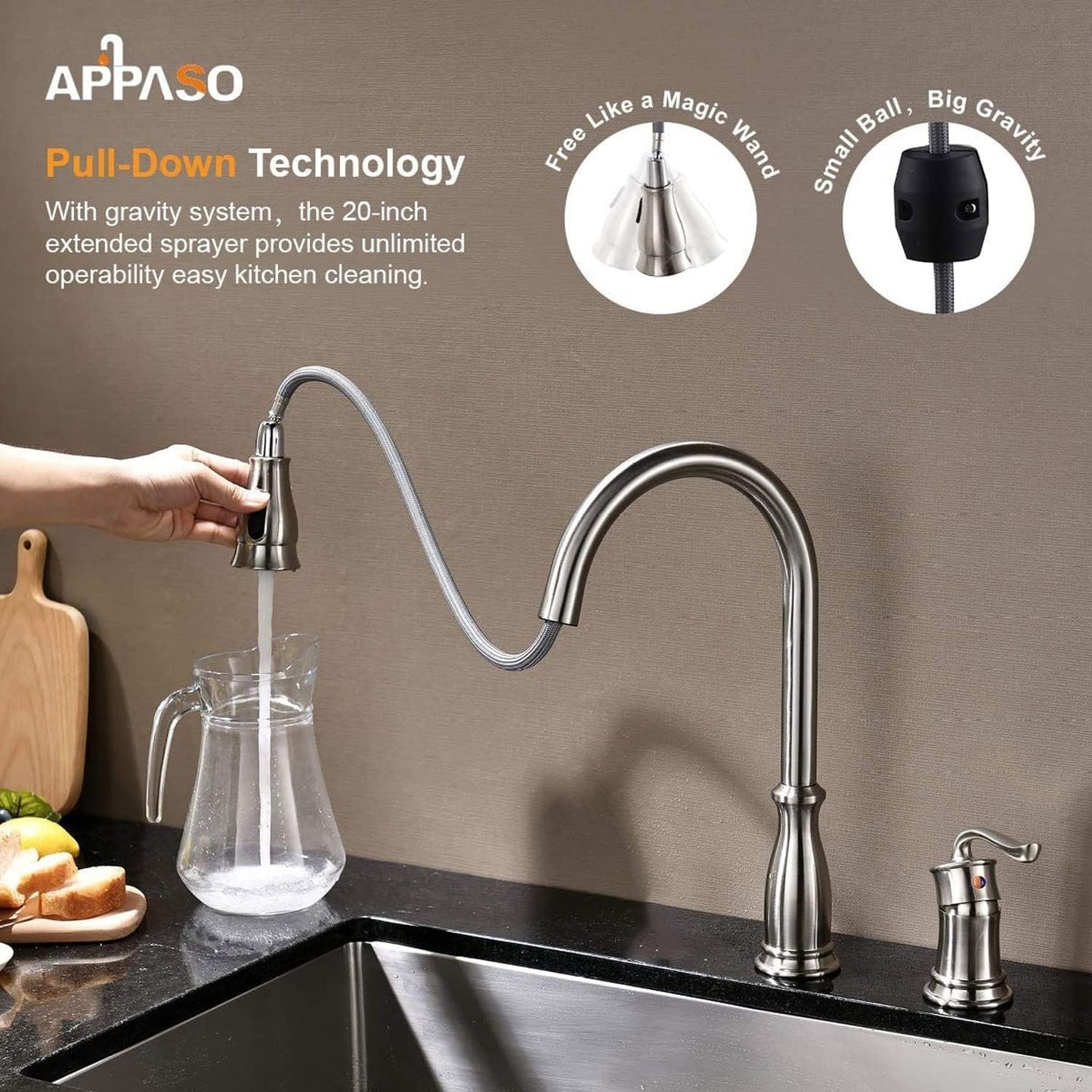 3 Hole Pull down Kitchen Faucet with Pull down Sprayer Stainless Steel Brushed Nickel, 2 Hole Pull Out Kitchen Sink Faucet with Side Single Handle with Soap Dispenser, APS218BN