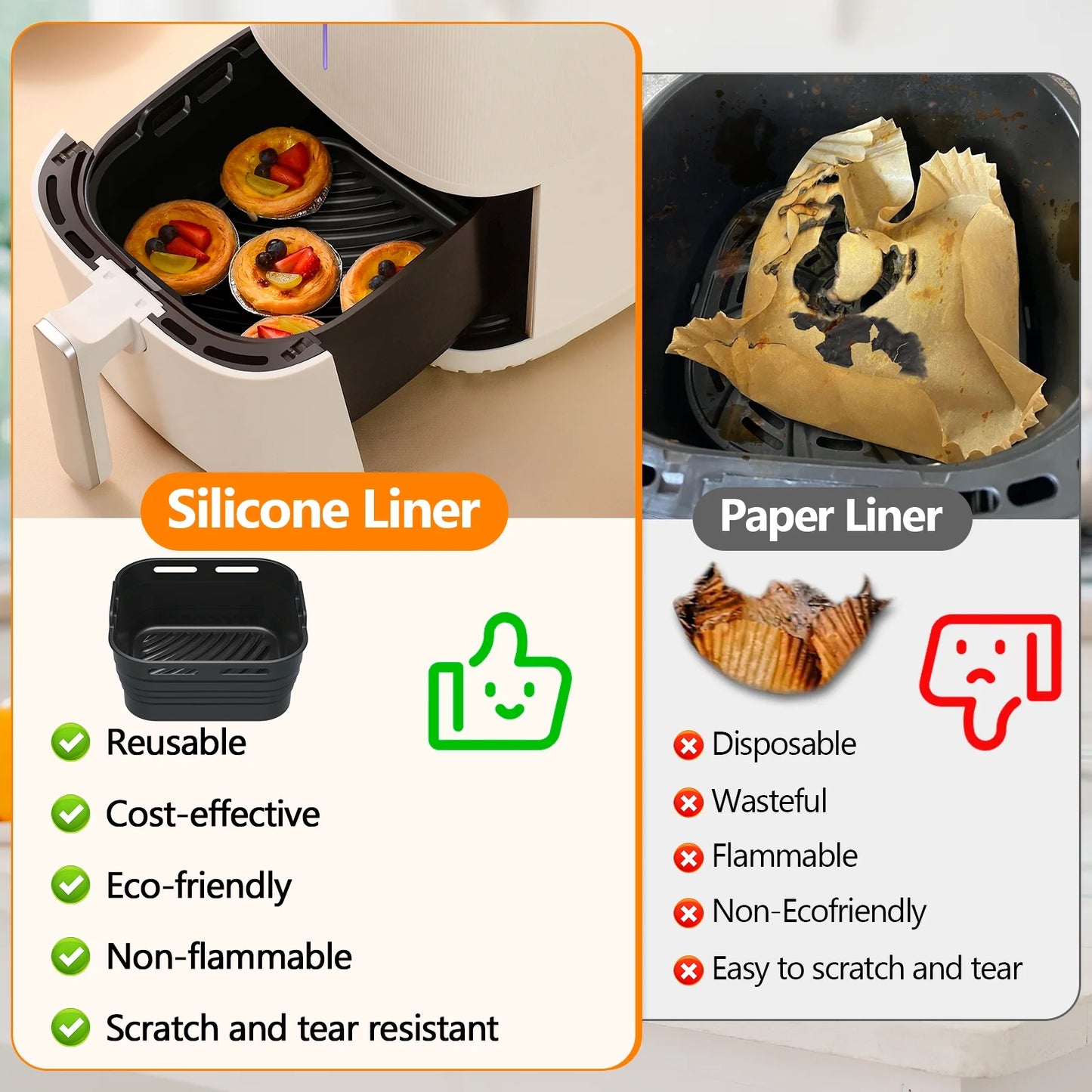 Silicone Air Fryer Liners, Foldable & Thickened with Handles, 2-Pack 8.2"X3.5" Extra Deep Reusable Baskets with Oil Brush, Non-Stick 8Inch Air Fryer Accessories, Black
