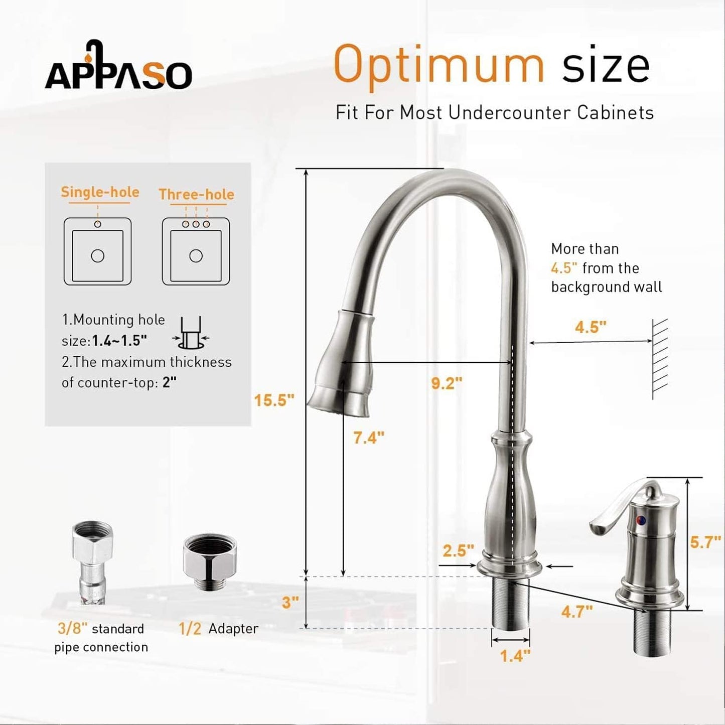 3 Hole Pull down Kitchen Faucet with Pull down Sprayer Stainless Steel Brushed Nickel, 2 Hole Pull Out Kitchen Sink Faucet with Side Single Handle with Soap Dispenser, APS218BN