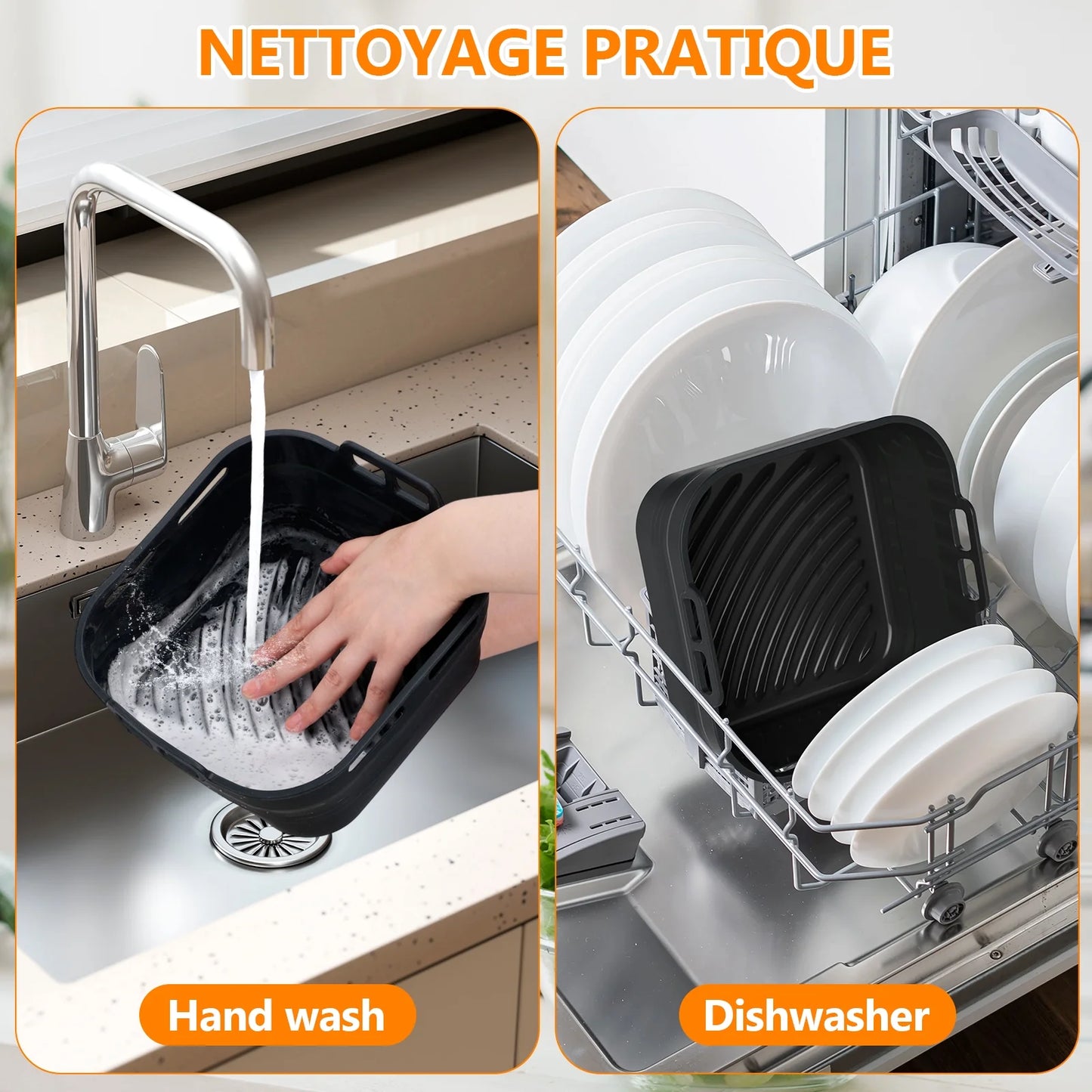 Silicone Air Fryer Liners, Foldable & Thickened with Handles, 2-Pack 8.2"X3.5" Extra Deep Reusable Baskets with Oil Brush, Non-Stick 8Inch Air Fryer Accessories, Black