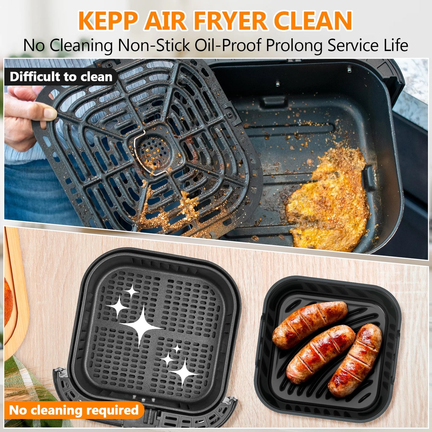 Silicone Air Fryer Liners, Foldable & Thickened with Handles, 2-Pack 8.2"X3.5" Extra Deep Reusable Baskets with Oil Brush, Non-Stick 8Inch Air Fryer Accessories, Black