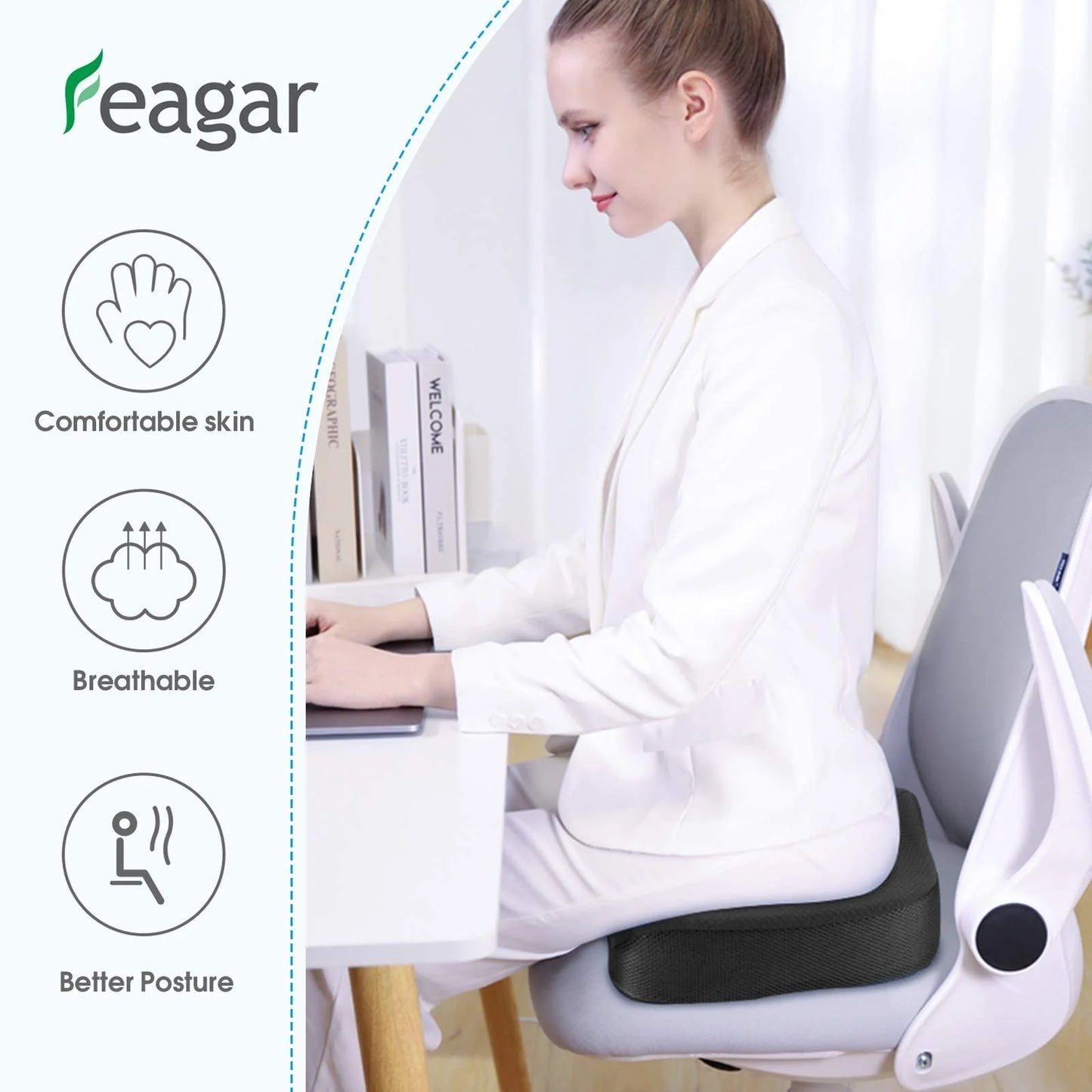 Seat Cushion - Non-Slip Memory Foam, Tailbone & Sciatica Pain Relief- Posture Corrector for Office Chair, Gaming Chair, Car Seat and Wheelchair, Black