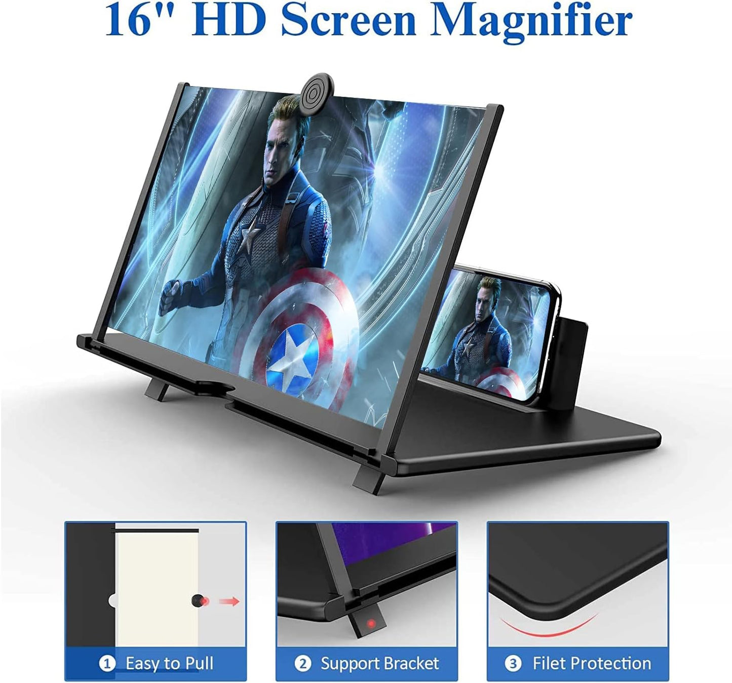 16" Screen Magnifier for Cell Phone – 3D HD Magnifing Screen Enlarger Projector for Movies Videos and Gaming – Foldable Phone Stand Holder with Screen Amplifier–Compatible with All Smartphones