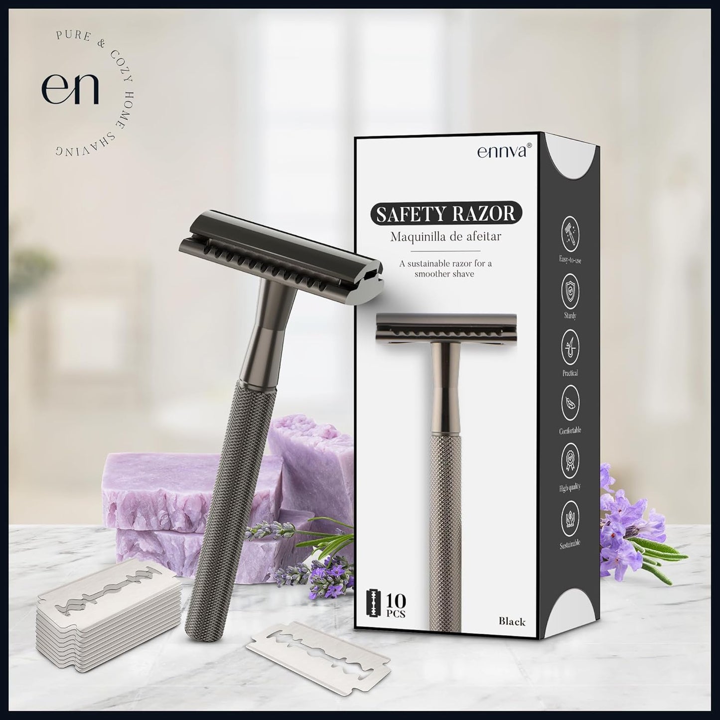 Double Edge Safety Razor, Single Blade Razor with 10 Blades, One Blade Razor for Women, Razors for Men One Blade, Reusable Razor Women, Metal Safety Razor Kit, Free of Plastic - Black