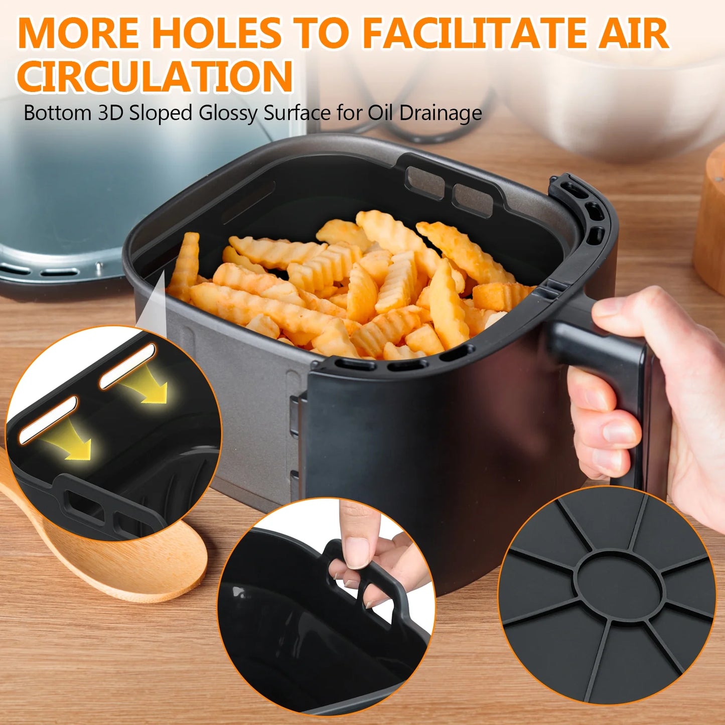 Silicone Air Fryer Liners, Foldable & Thickened with Handles, 2-Pack 8.2"X3.5" Extra Deep Reusable Baskets with Oil Brush, Non-Stick 8Inch Air Fryer Accessories, Black