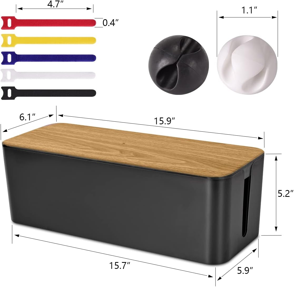 Cable Management Box Large - Wooden Grain Cable Organizer Box to Hide Wires&Power Strips,Tv&Desk Computer Wires,With Cable Clips&Reusable Cable Ties for Home&Office(Black)
