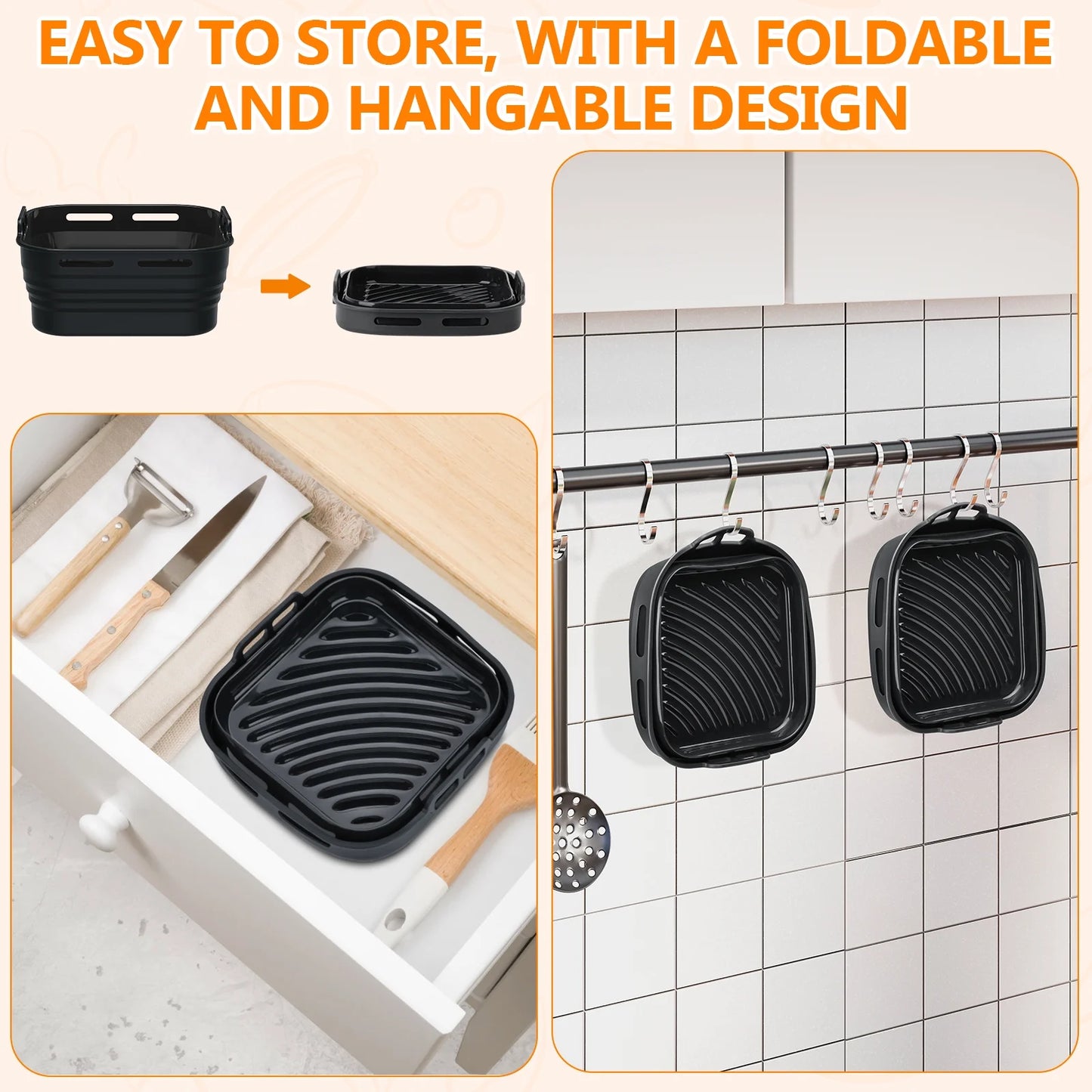 Silicone Air Fryer Liners, Foldable & Thickened with Handles, 2-Pack 8.2"X3.5" Extra Deep Reusable Baskets with Oil Brush, Non-Stick 8Inch Air Fryer Accessories, Black