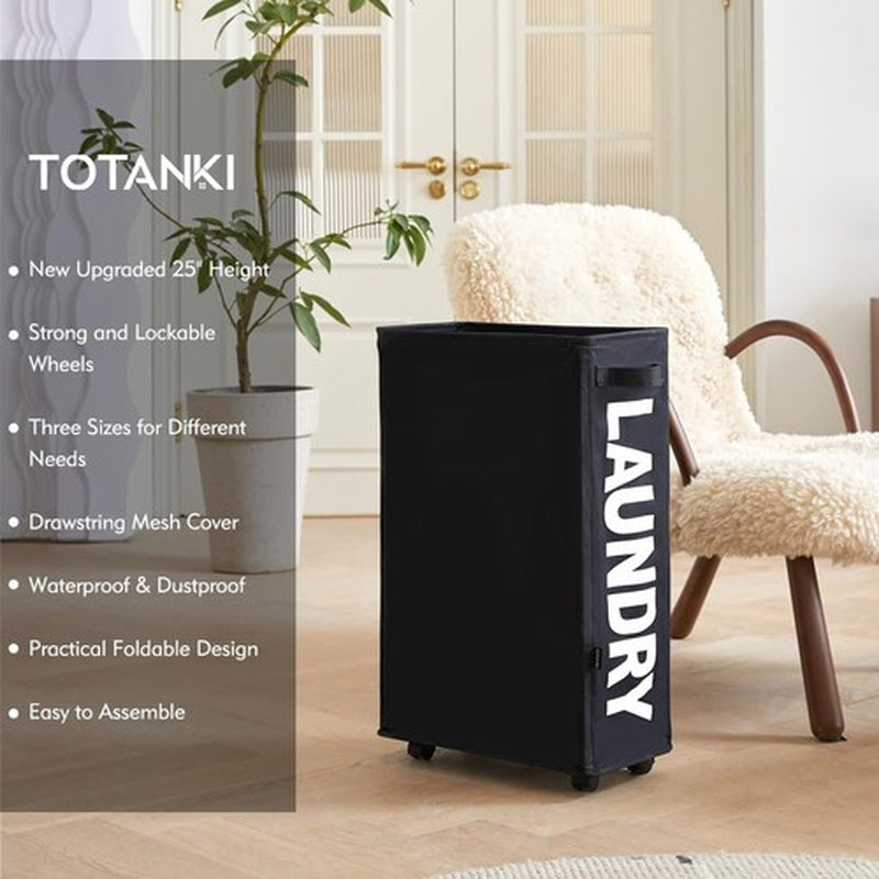25"Rolling Slim Laundry Basket on Wheels Foldable Hamper with Handle Collapsible