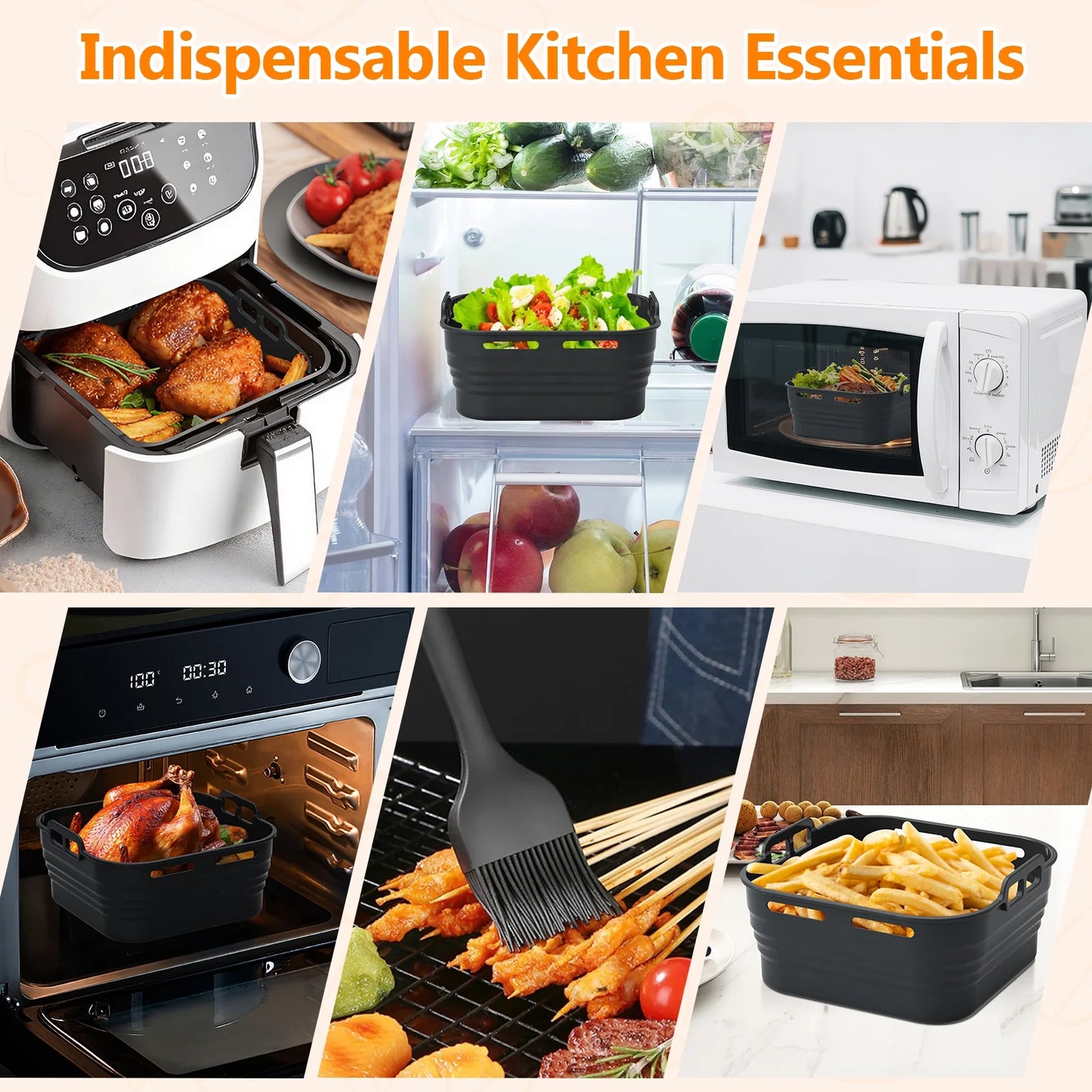 Silicone Air Fryer Liners, Foldable & Thickened with Handles, 2-Pack 8.2"X3.5" Extra Deep Reusable Baskets with Oil Brush, Non-Stick 8Inch Air Fryer Accessories, Black