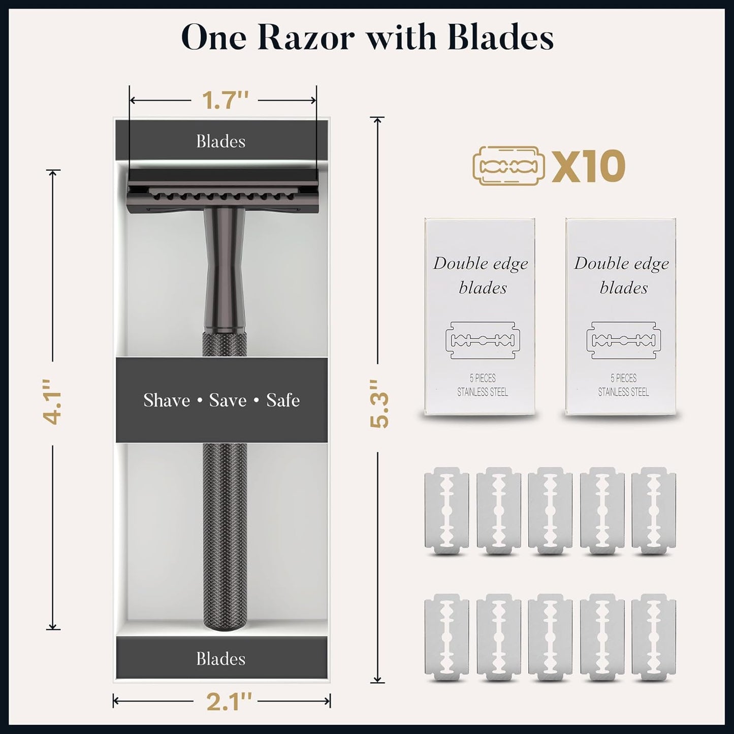 Double Edge Safety Razor, Single Blade Razor with 10 Blades, One Blade Razor for Women, Razors for Men One Blade, Reusable Razor Women, Metal Safety Razor Kit, Free of Plastic - Black