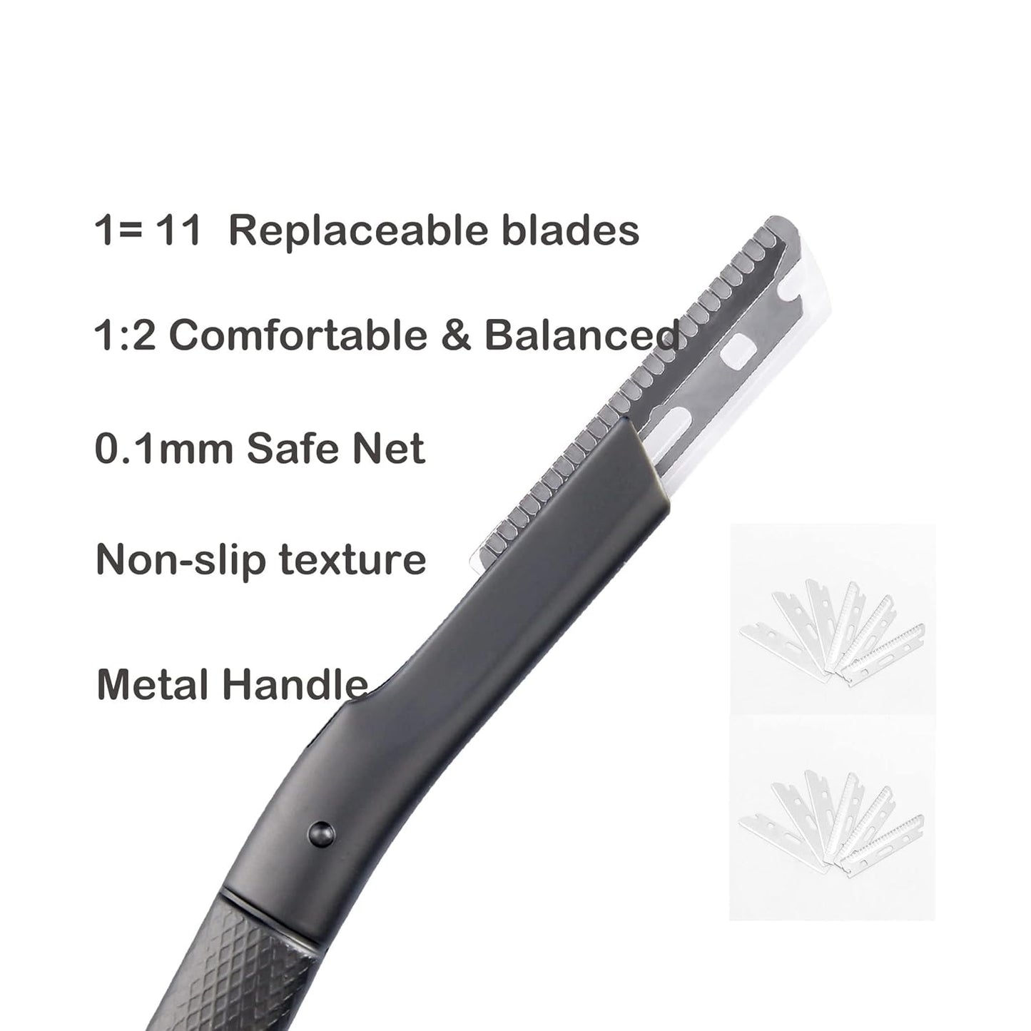 Metal Dermaplane Razor, Eyebrow Hair Trimmer with Replacement Blade for Men and Women, Reusable Single Edge Facial Trimmer for Shaving Mustache, Lip up (Black,10 Refill)