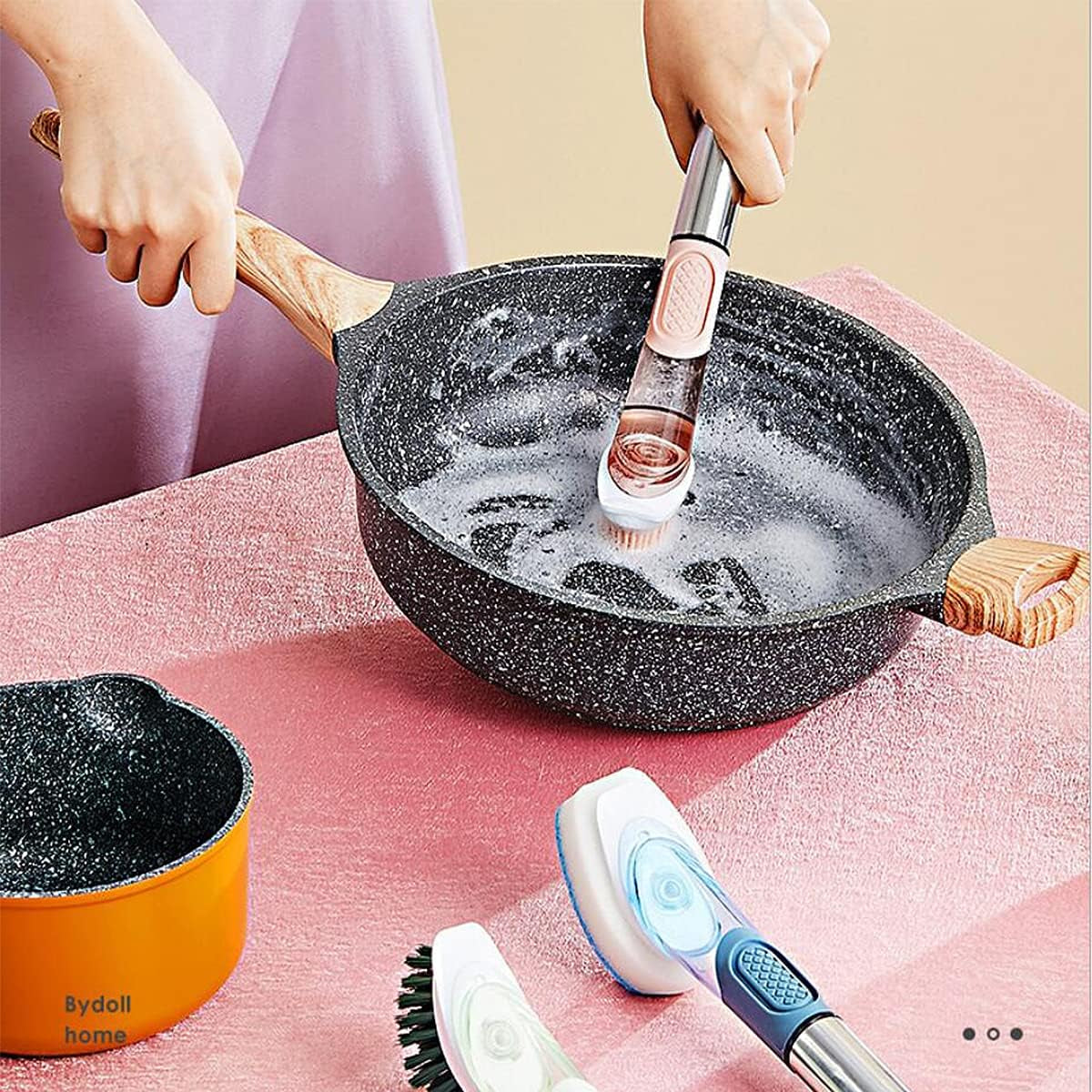 Soap Dispensing Dish Brush, 3-In-1 Kitchen Brush Set Scrub Brush with Hook for Pot Pan Dishes Sink Cleaning DR0190 Pink