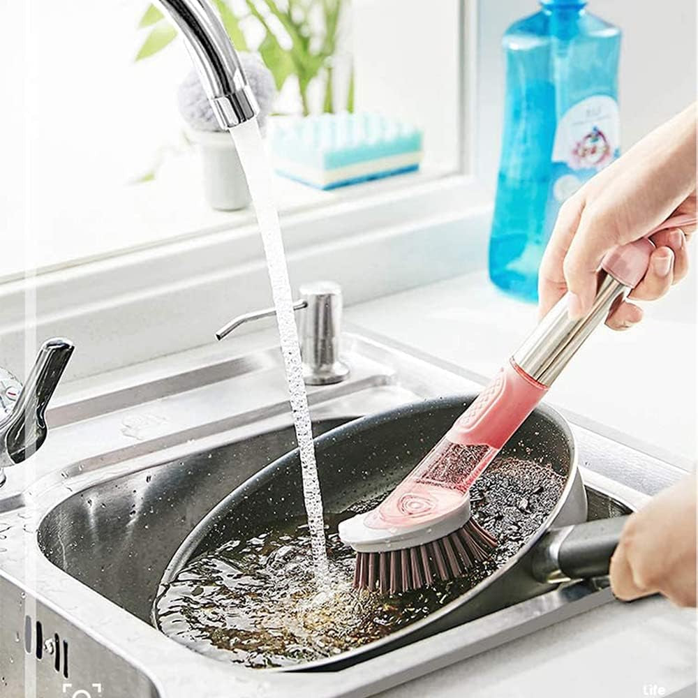 Soap Dispensing Dish Brush, 3-In-1 Kitchen Brush Set Scrub Brush with Hook for Pot Pan Dishes Sink Cleaning DR0190 Pink