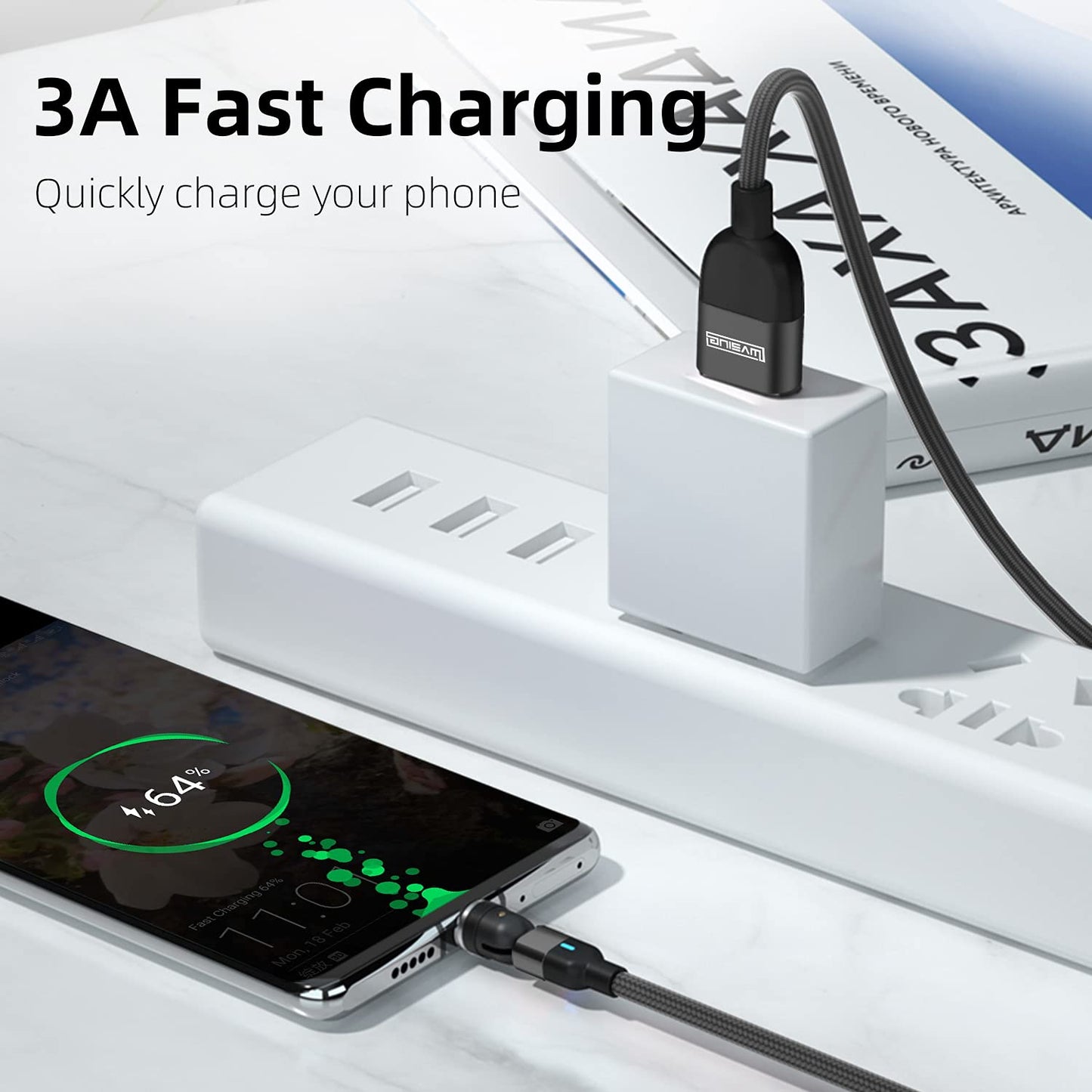 3 in 1 Magnetic Charging Cable (3 Pack, 3.3Ft+6.6Ft,9.9Ft), 360°&180° Rotation 3A Fast Charging Data Transfer USB Magnetic Phone Charger, Compatible with All Mobile Devices, Micro USB, Type C