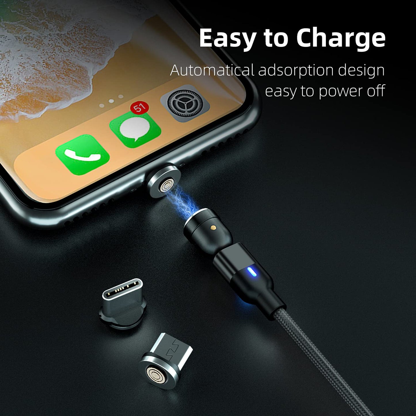 3 in 1 Magnetic Charging Cable (3 Pack, 3.3Ft+6.6Ft,9.9Ft), 360°&180° Rotation 3A Fast Charging Data Transfer USB Magnetic Phone Charger, Compatible with All Mobile Devices, Micro USB, Type C