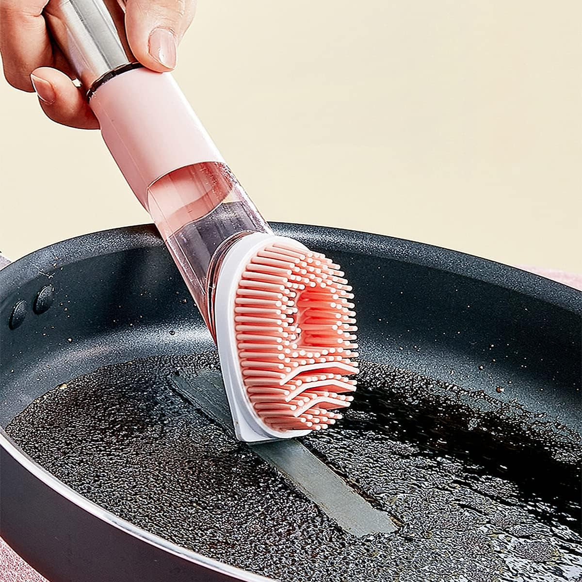 Soap Dispensing Dish Brush, 3-In-1 Kitchen Brush Set Scrub Brush with Hook for Pot Pan Dishes Sink Cleaning DR0190 Pink