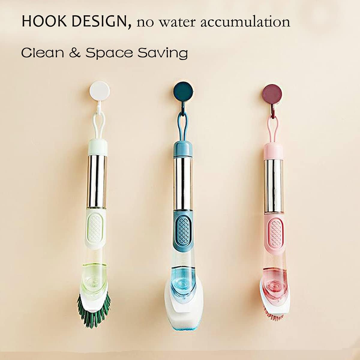 Soap Dispensing Dish Brush, 3-In-1 Kitchen Brush Set Scrub Brush with Hook for Pot Pan Dishes Sink Cleaning DR0190 Pink