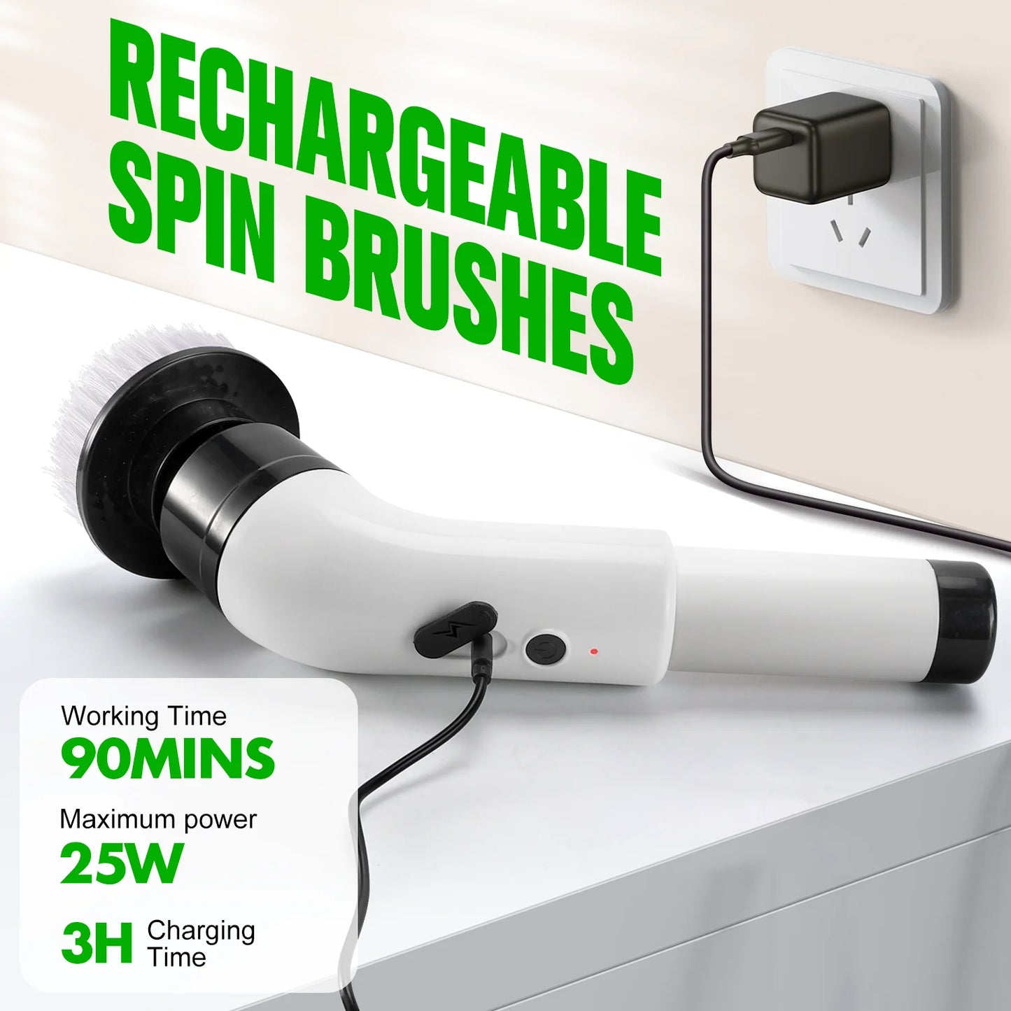 Electric Spin Scrubber, Cordless Bath Tub Power Scrubber with Long Handle & 9 Replaceable Heads, Detachable as Short Handle, Shower Cleaning Scrubber for Tub Floor Tile, Sink, Window, Floor, Car