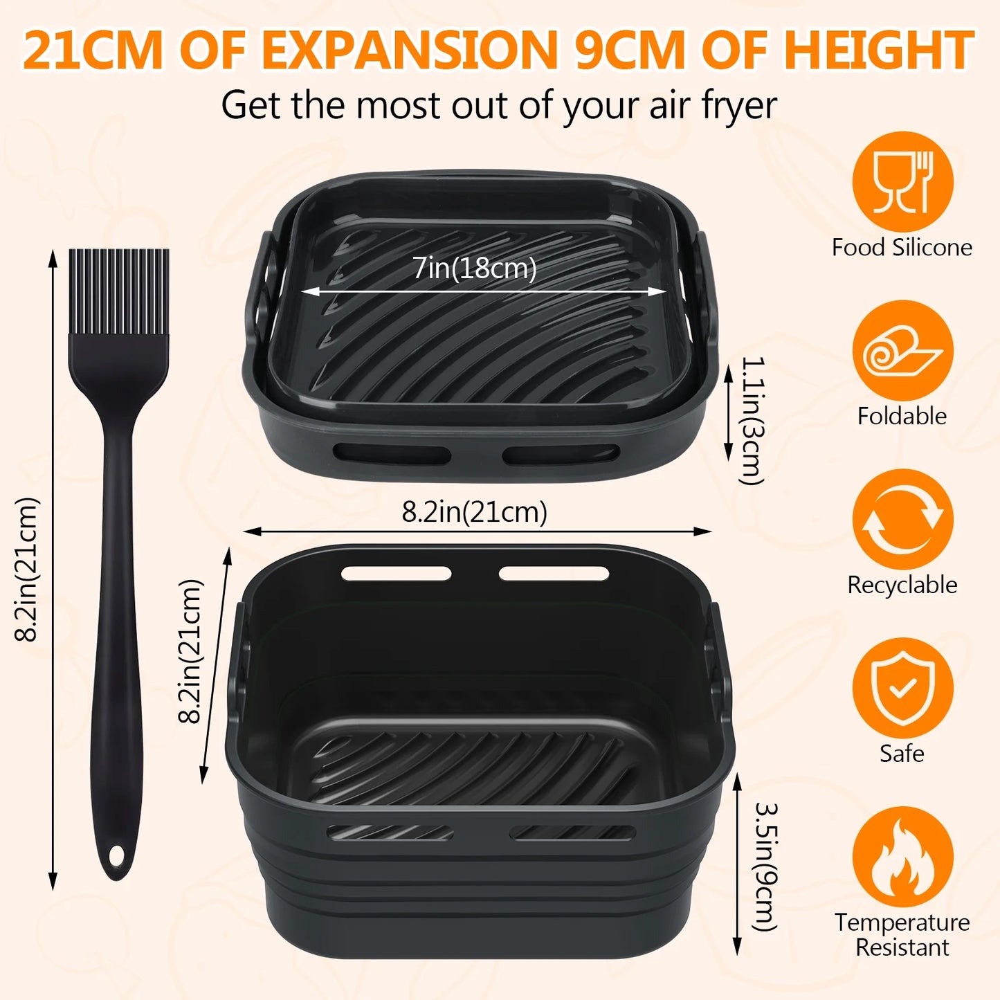 Silicone Air Fryer Liners, Foldable & Thickened with Handles, 2-Pack 8.2"X3.5" Extra Deep Reusable Baskets with Oil Brush, Non-Stick 8Inch Air Fryer Accessories, Black