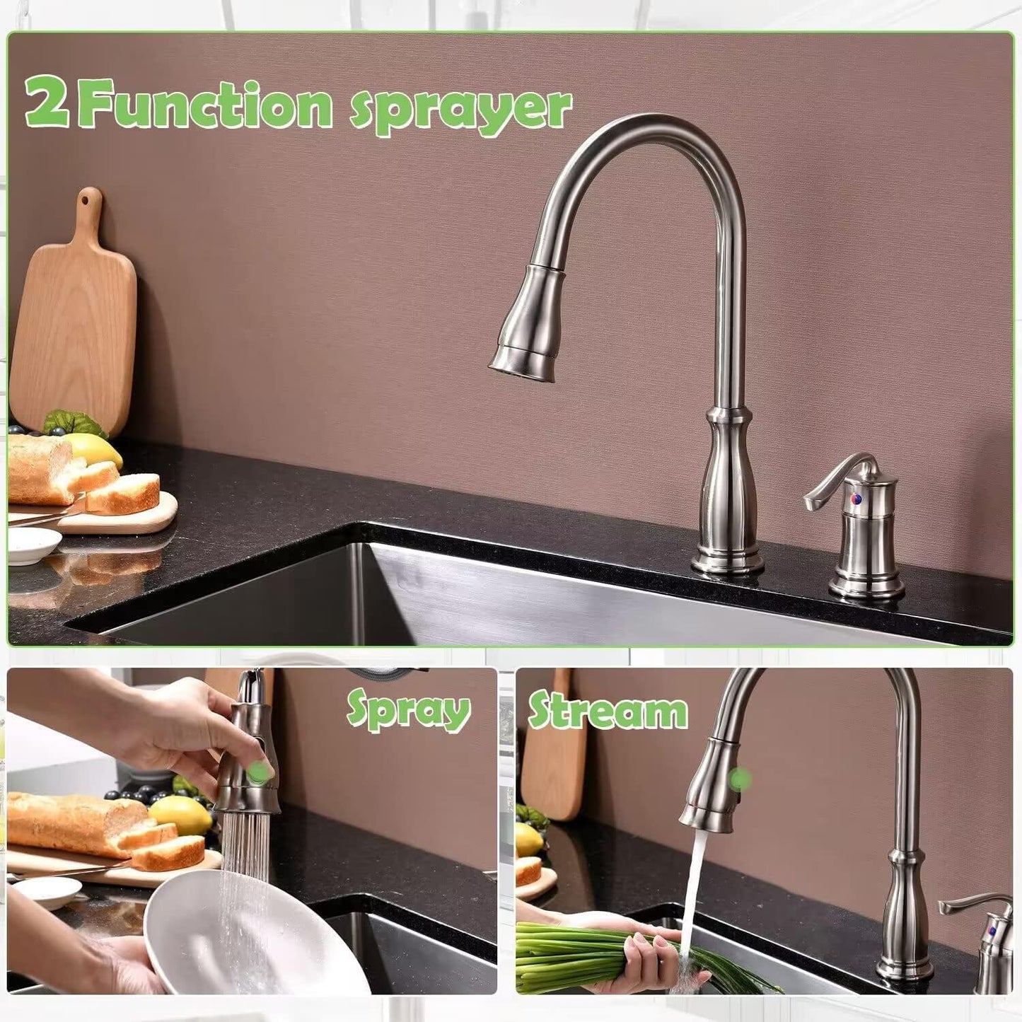 3 Hole Pull down Kitchen Faucet with Pull down Sprayer Stainless Steel Brushed Nickel, 2 Hole Pull Out Kitchen Sink Faucet with Side Single Handle with Soap Dispenser, APS218BN