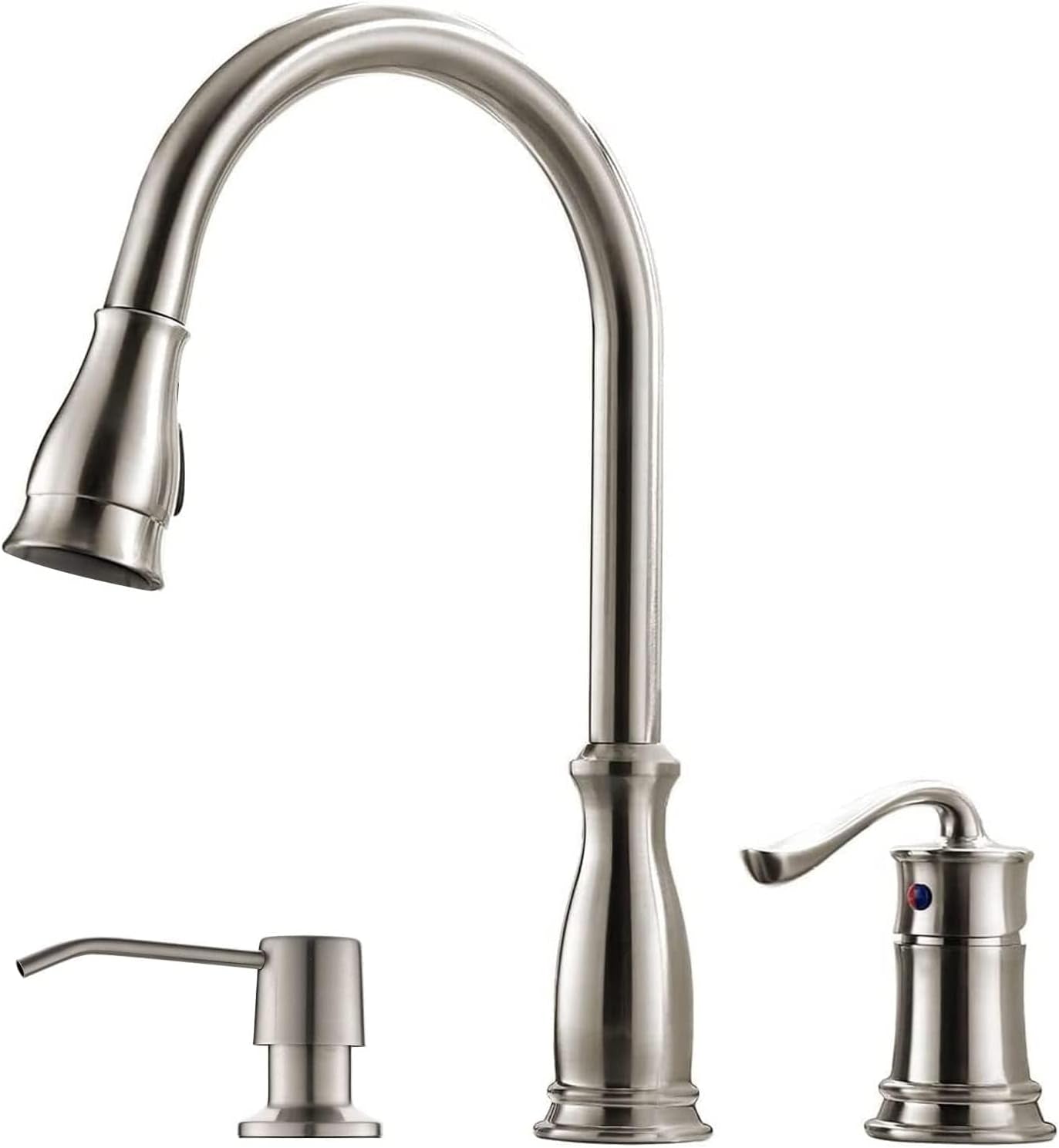 3 Hole Pull down Kitchen Faucet with Pull down Sprayer Stainless Steel Brushed Nickel, 2 Hole Pull Out Kitchen Sink Faucet with Side Single Handle with Soap Dispenser, APS218BN