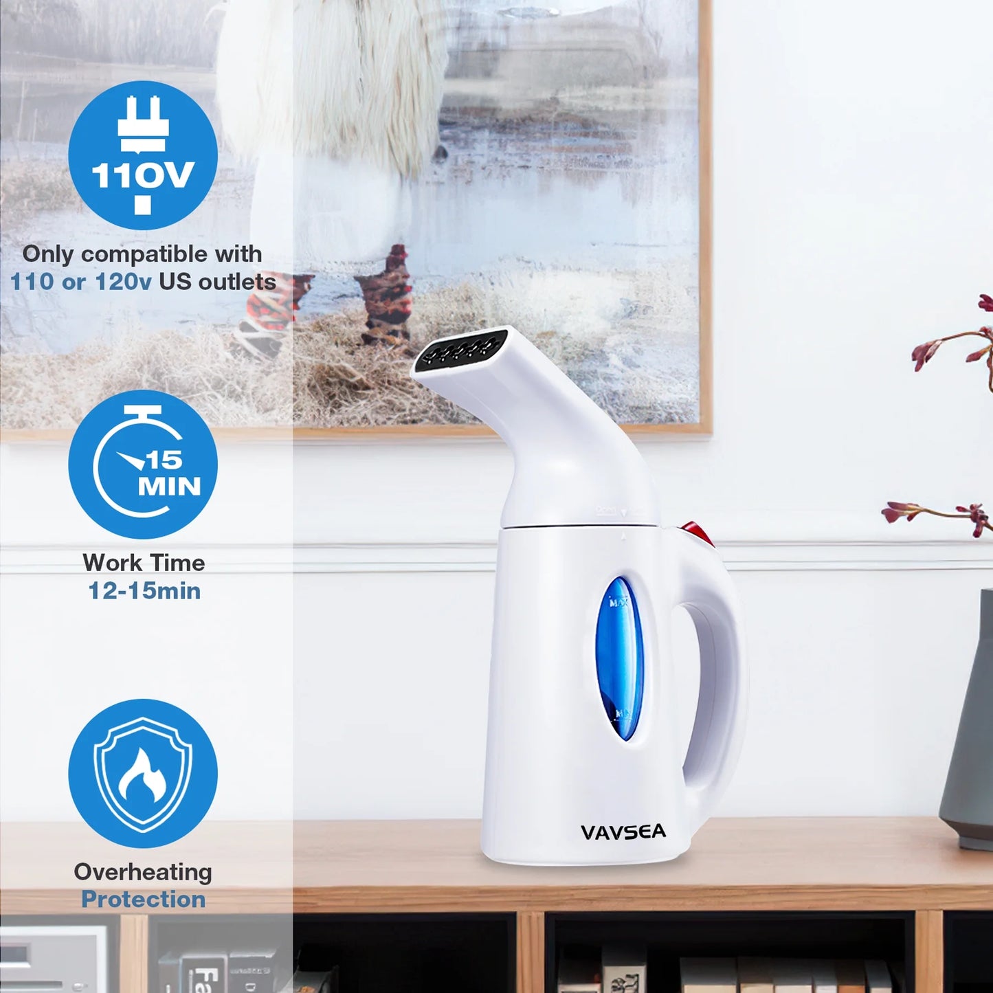 Steamer for Clothes, Portable Garment Steamer, Auto Shut-Off Function, Wrinkles/ Steam/ Soften/ Clean/ Sterilize, White