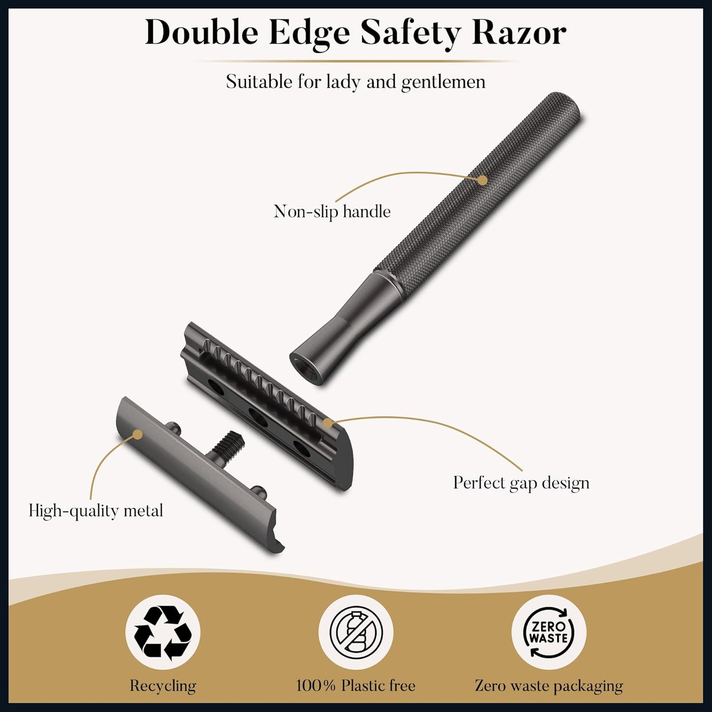 Double Edge Safety Razor, Single Blade Razor with 10 Blades, One Blade Razor for Women, Razors for Men One Blade, Reusable Razor Women, Metal Safety Razor Kit, Free of Plastic - Black