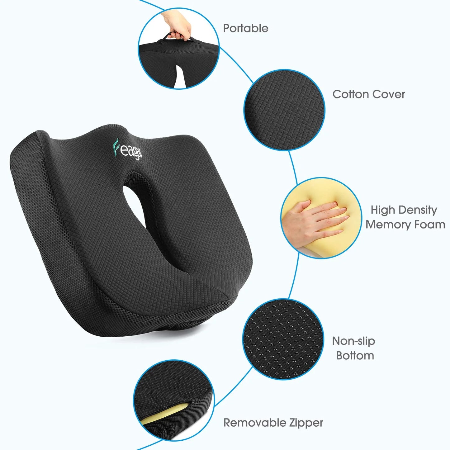 Seat Cushion - Non-Slip Memory Foam, Tailbone & Sciatica Pain Relief- Posture Corrector for Office Chair, Gaming Chair, Car Seat and Wheelchair, Black