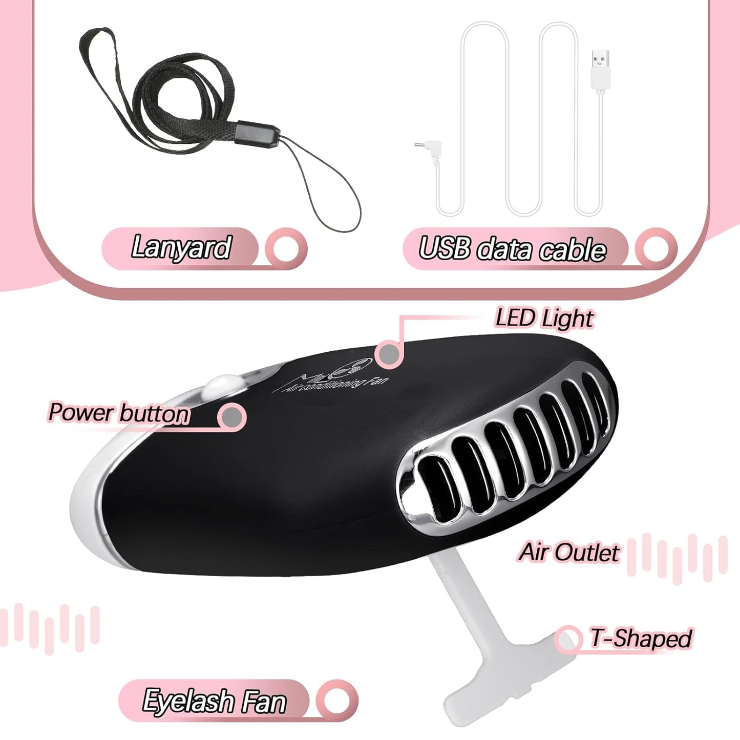 Eyelash Fan USB Portable Lash Dryer Nano Facial Mister Face Mister Portable Facial Steamer with 20Ml Water Tank Rechargeable Handheld Mini Fan Lash Dryer Eyelash Extension(Black, Pink)