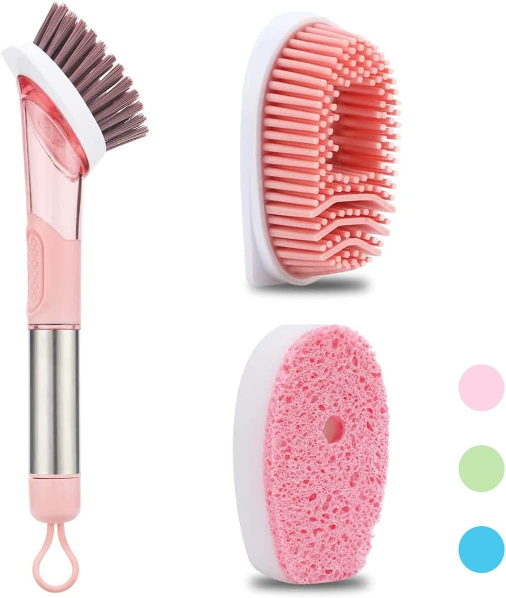 Soap Dispensing Dish Brush, 3-In-1 Kitchen Brush Set Scrub Brush with Hook for Pot Pan Dishes Sink Cleaning DR0190 Pink