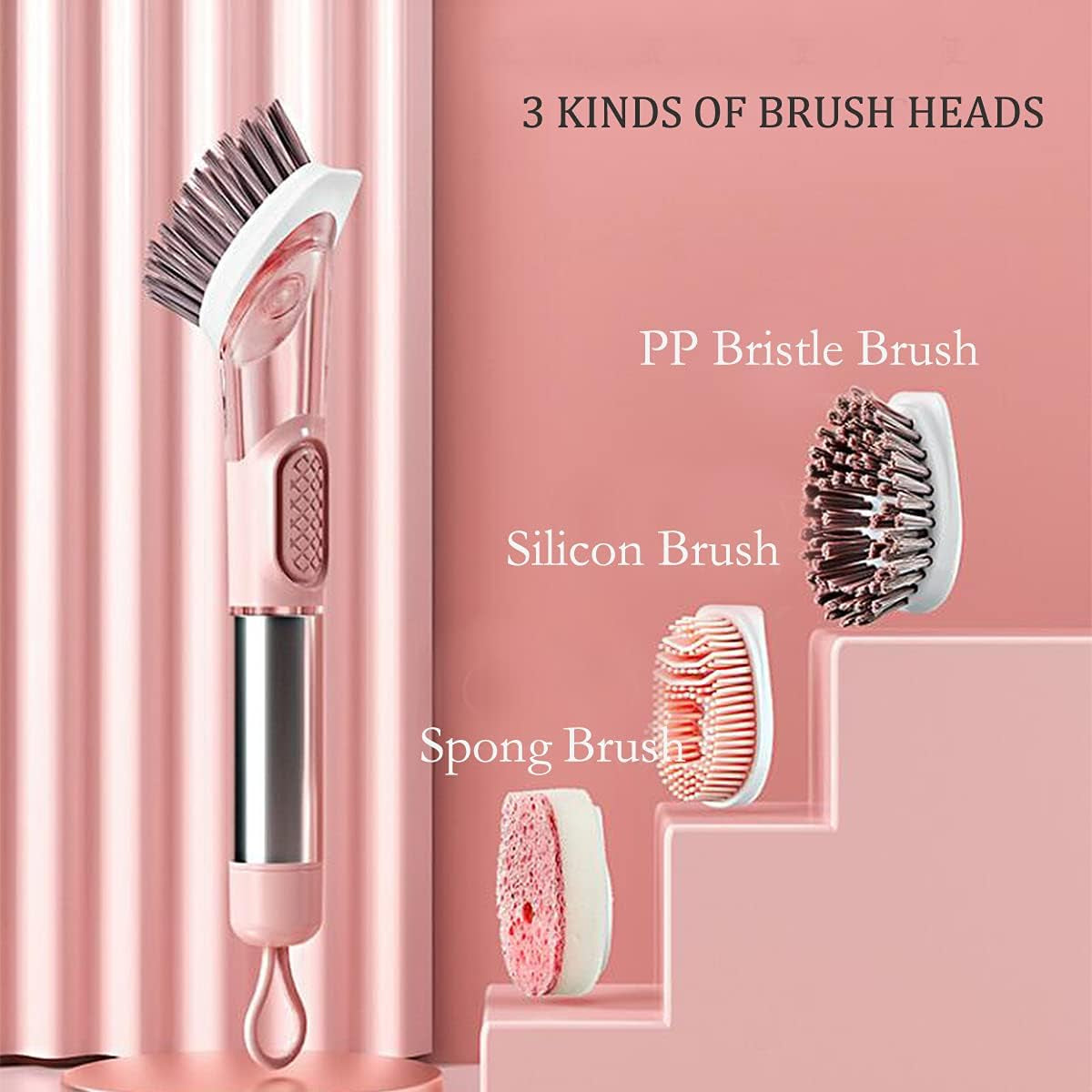 Soap Dispensing Dish Brush, 3-In-1 Kitchen Brush Set Scrub Brush with Hook for Pot Pan Dishes Sink Cleaning DR0190 Pink