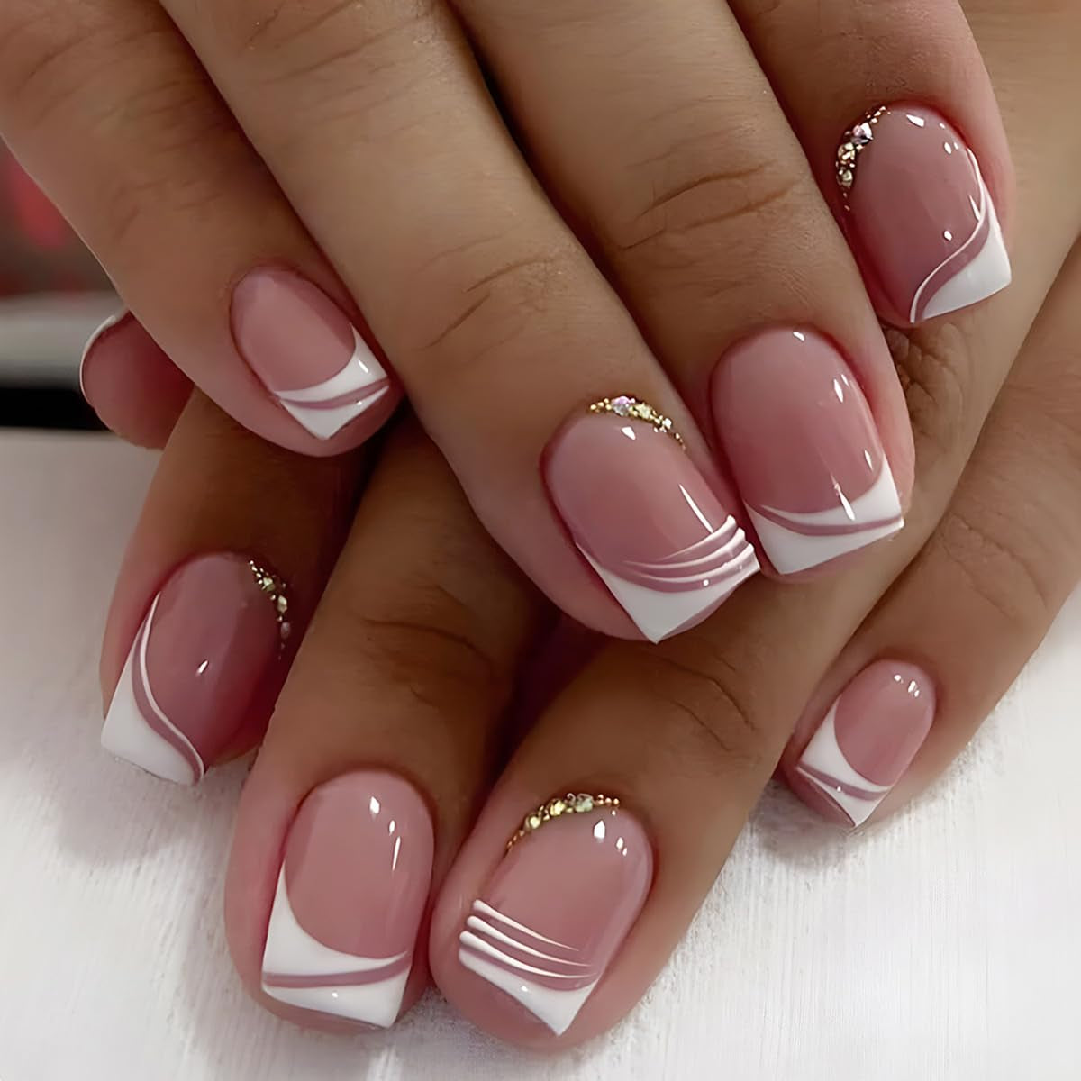 12 Packs 288 Pcs Press on Nails Medium and Short-  Black White French Tip Press on Nails, Reusable Glue on Nails,Short Fake Nails with Reusable Adhesive Tabs Nail File for Women