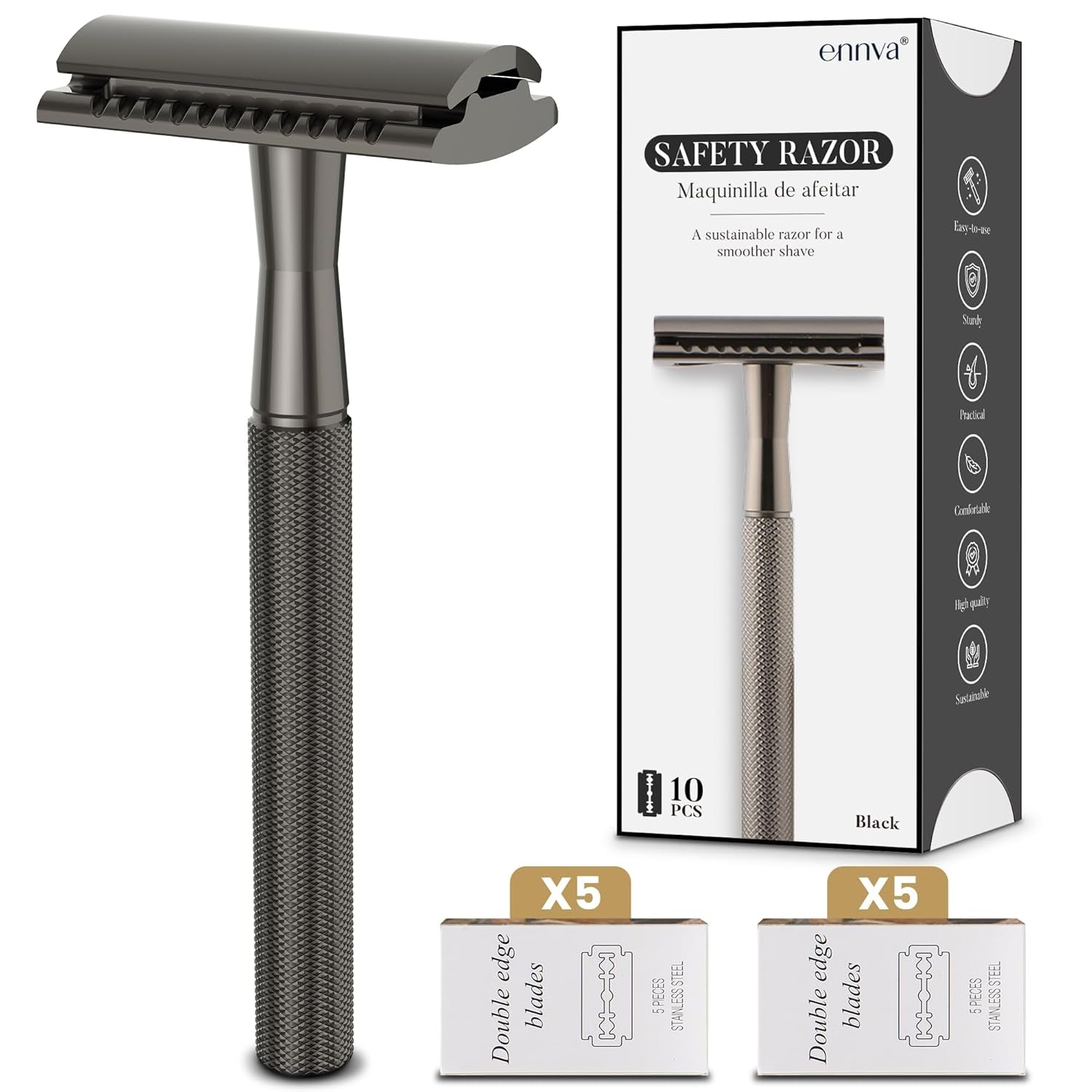 Double Edge Safety Razor, Single Blade Razor with 10 Blades, One Blade Razor for Women, Razors for Men One Blade, Reusable Razor Women, Metal Safety Razor Kit, Free of Plastic - Black