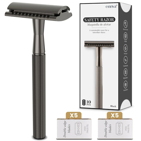 Double Edge Safety Razor, Single Blade Razor with 10 Blades, One Blade Razor for Women, Razors for Men One Blade, Reusable Razor Women, Metal Safety Razor Kit, Free of Plastic - Black