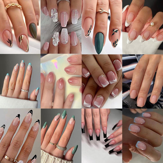 12 Packs 288 Pcs Press on Nails Medium and Short-  Black White French Tip Press on Nails, Reusable Glue on Nails,Short Fake Nails with Reusable Adhesive Tabs Nail File for Women