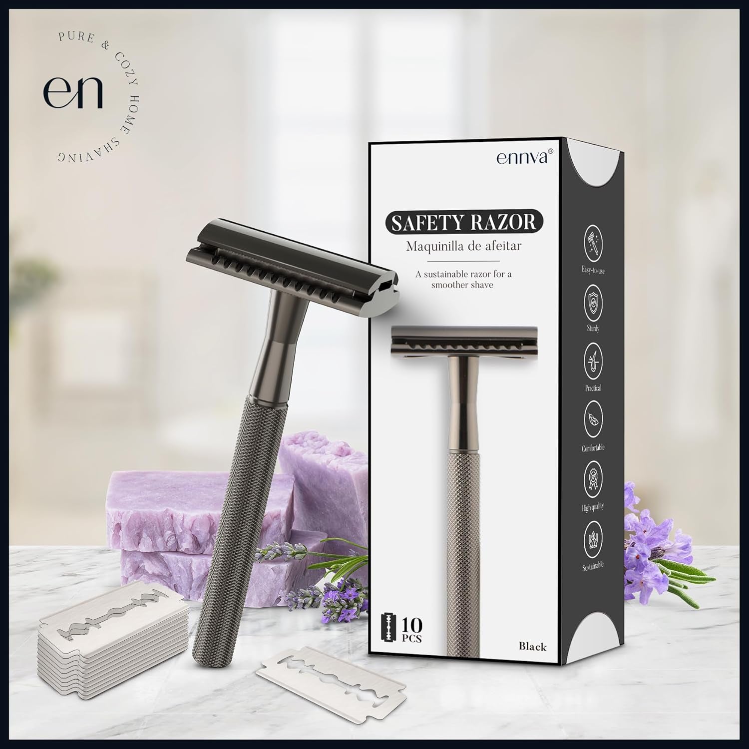 Double Edge Safety Razor, Single Blade Razor with 10 Blades, One Blade Razor for Women, Razors for Men One Blade, Reusable Razor Women, Metal Safety Razor Kit, Free of Plastic - Black