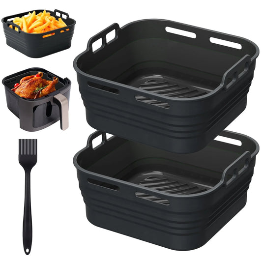 Silicone Air Fryer Liners, Foldable & Thickened with Handles, 2-Pack 8.2"X3.5" Extra Deep Reusable Baskets with Oil Brush, Non-Stick 8Inch Air Fryer Accessories, Black