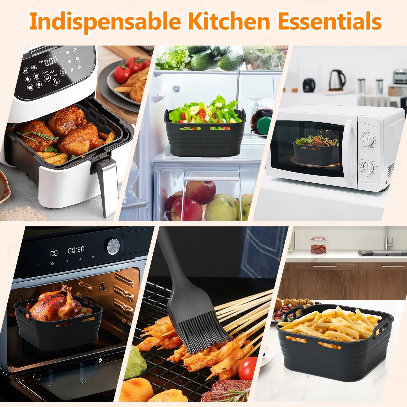 Silicone Air Fryer Liners, Foldable & Thickened with Handles, 2-Pack 8.2"X3.5" Extra Deep Reusable Baskets with Oil Brush, Non-Stick 8Inch Air Fryer Accessories, Black