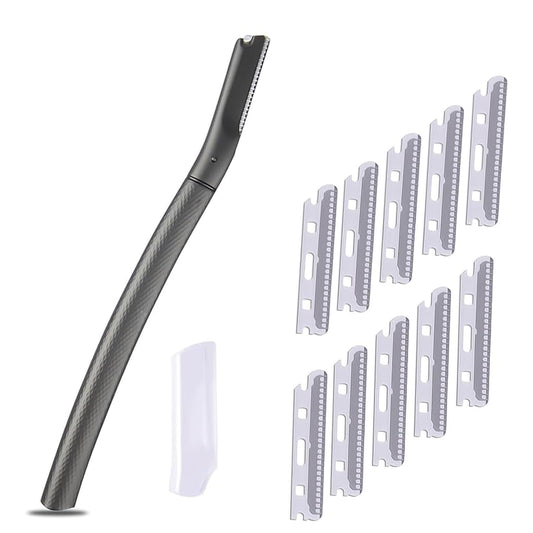 Metal Dermaplane Razor, Eyebrow Hair Trimmer with Replacement Blade for Men and Women, Reusable Single Edge Facial Trimmer for Shaving Mustache, Lip up (Black,10 Refill)