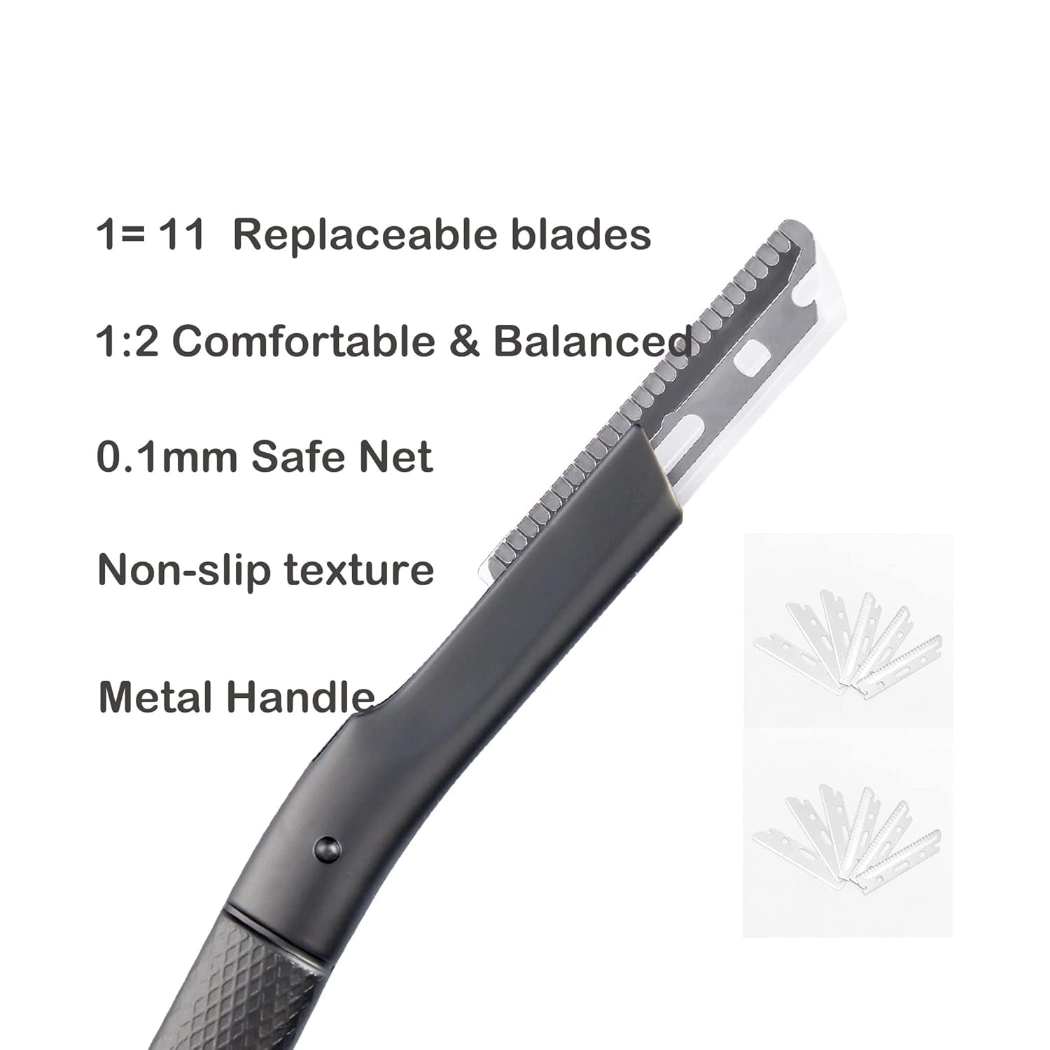 Metal Dermaplane Razor, Eyebrow Hair Trimmer with Replacement Blade for Men and Women, Reusable Single Edge Facial Trimmer for Shaving Mustache, Lip up (Black,10 Refill)