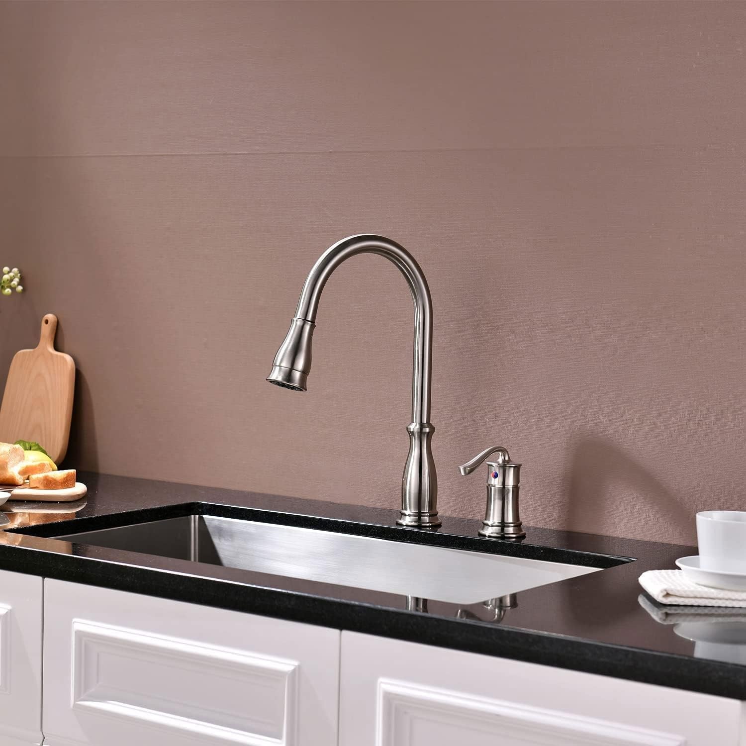 3 Hole Pull down Kitchen Faucet with Pull down Sprayer Stainless Steel Brushed Nickel, 2 Hole Pull Out Kitchen Sink Faucet with Side Single Handle with Soap Dispenser, APS218BN