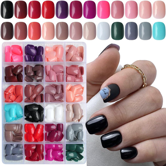 576Pc Short Press on Nails, round Square XS Fake Nails Full Cover Glossy Gel Press on Nails Short Artificial Fingernail False Acrylic Presson Tips 24 Colors for Kids Girls Women