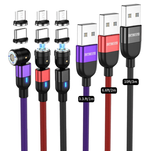 3 in 1 Magnetic Charging Cable (3 Pack, 3.3Ft+6.6Ft,9.9Ft), 360°&180° Rotation 3A Fast Charging Data Transfer USB Magnetic Phone Charger, Compatible with All Mobile Devices, Micro USB, Type C