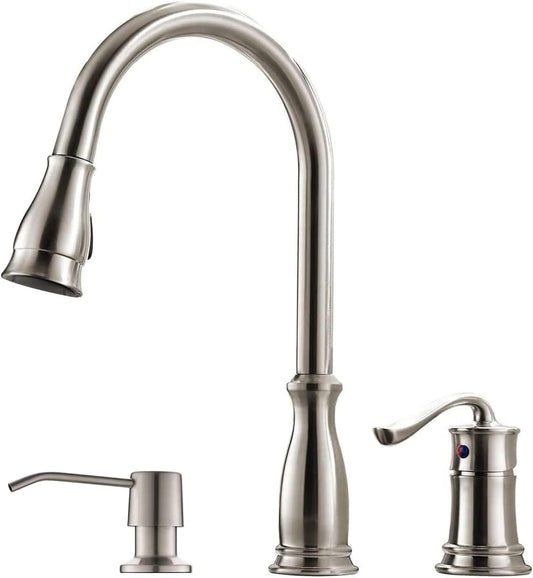 3 Hole Pull down Kitchen Faucet with Pull down Sprayer Stainless Steel Brushed Nickel, 2 Hole Pull Out Kitchen Sink Faucet with Side Single Handle with Soap Dispenser, APS218BN