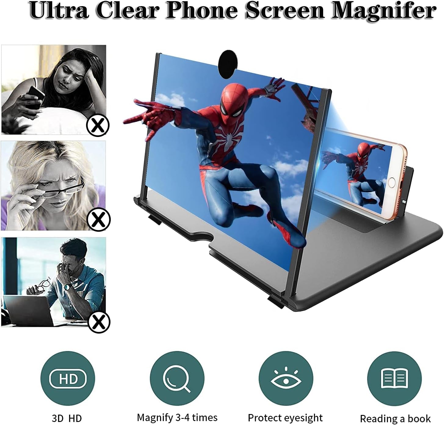 16 Inch Phone Screen Magnifier, Phone Screen Amplifier Foldable Design Phone Stand 3D HD Mobile Screen Magnifier Phone Projector Screen for Movie Video Games Phone Accessories for Cell Phones Black
