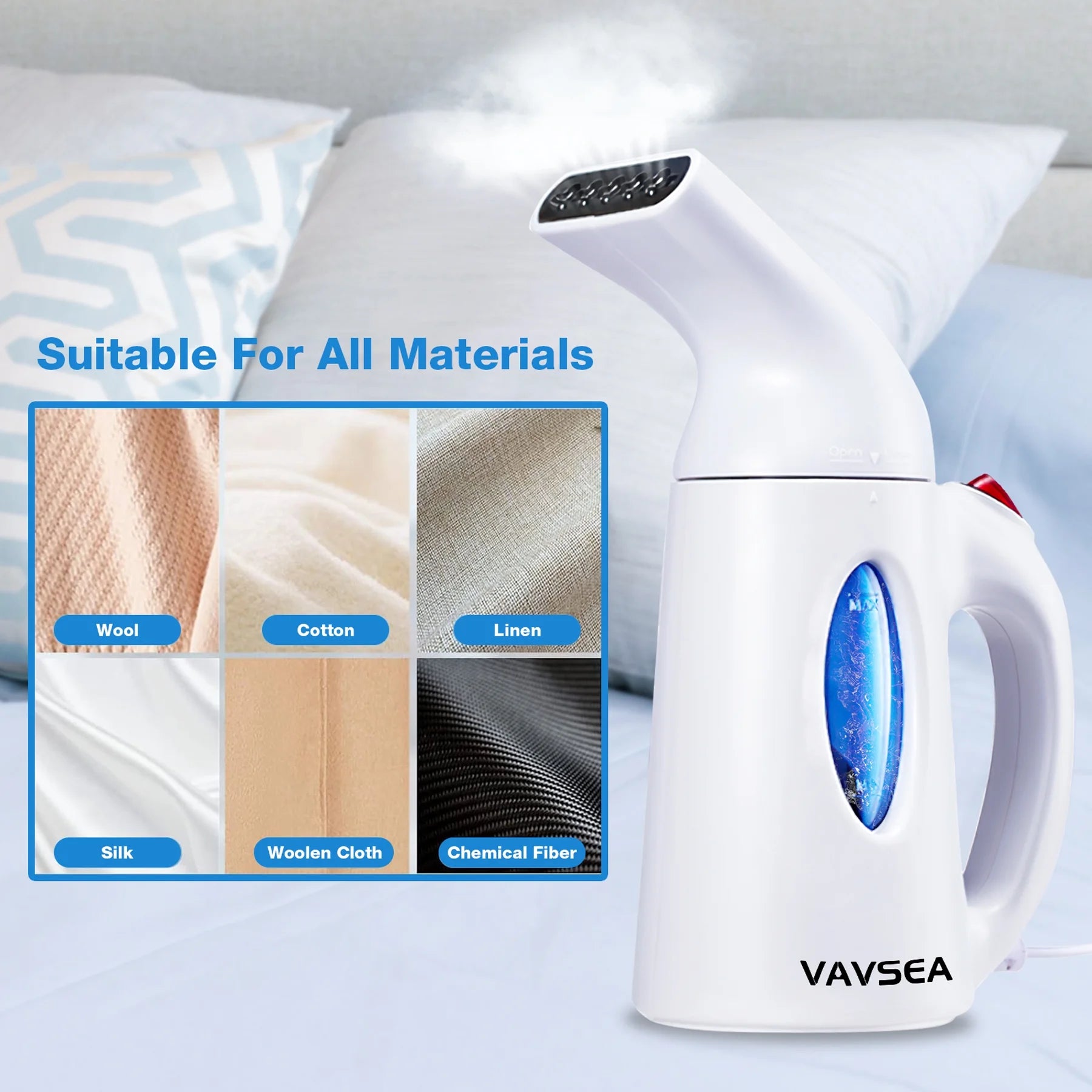 Steamer for Clothes, Portable Garment Steamer, Auto Shut-Off Function, Wrinkles/ Steam/ Soften/ Clean/ Sterilize, White