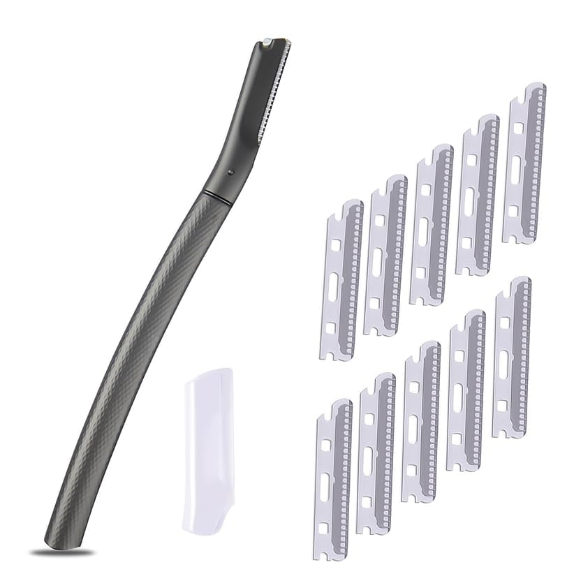 Metal Dermaplane Razor, Eyebrow Hair Trimmer with Replacement Blade for Men and Women, Reusable Single Edge Facial Trimmer for Shaving Mustache, Lip up (Black,10 Refill)