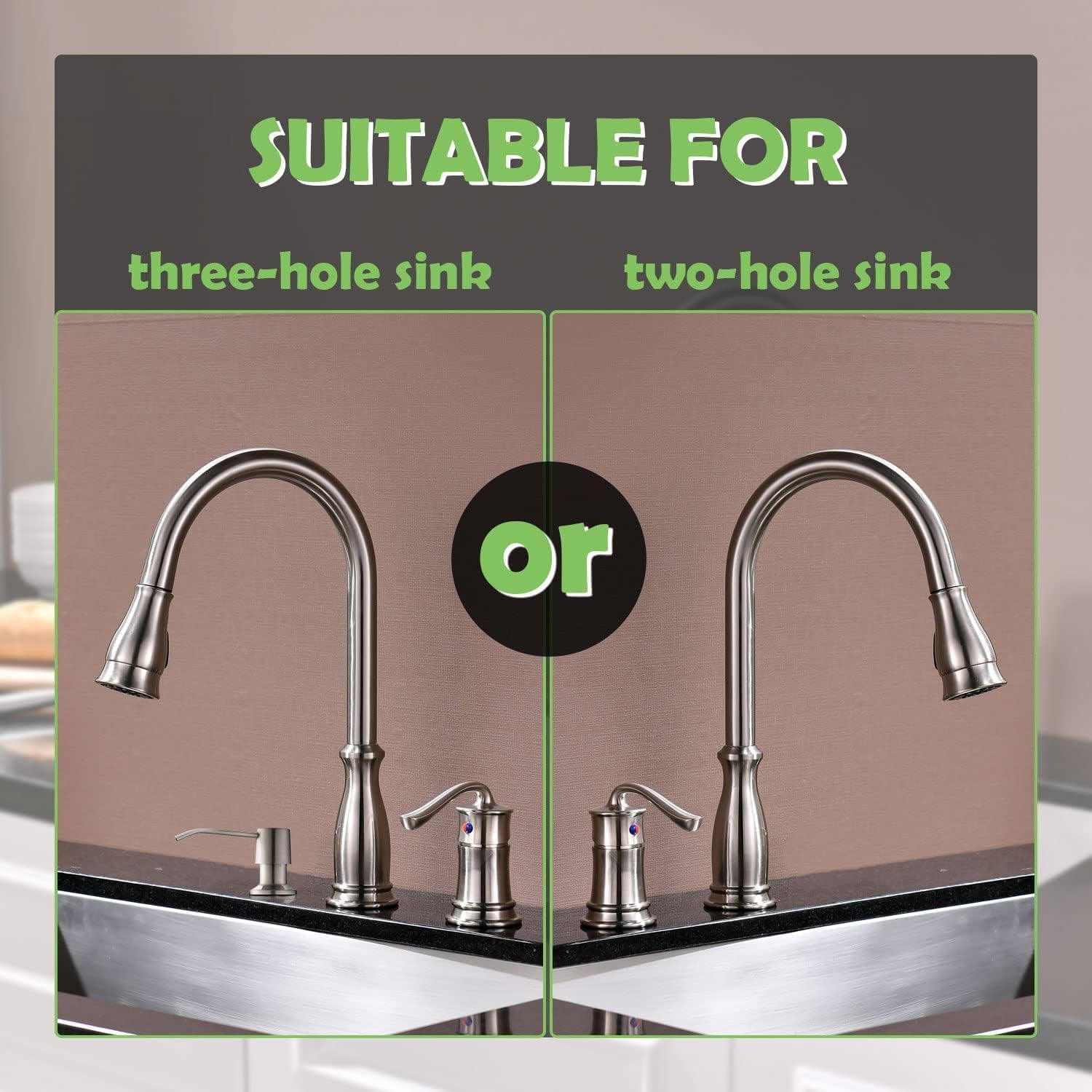 3 Hole Pull down Kitchen Faucet with Pull down Sprayer Stainless Steel Brushed Nickel, 2 Hole Pull Out Kitchen Sink Faucet with Side Single Handle with Soap Dispenser, APS218BN